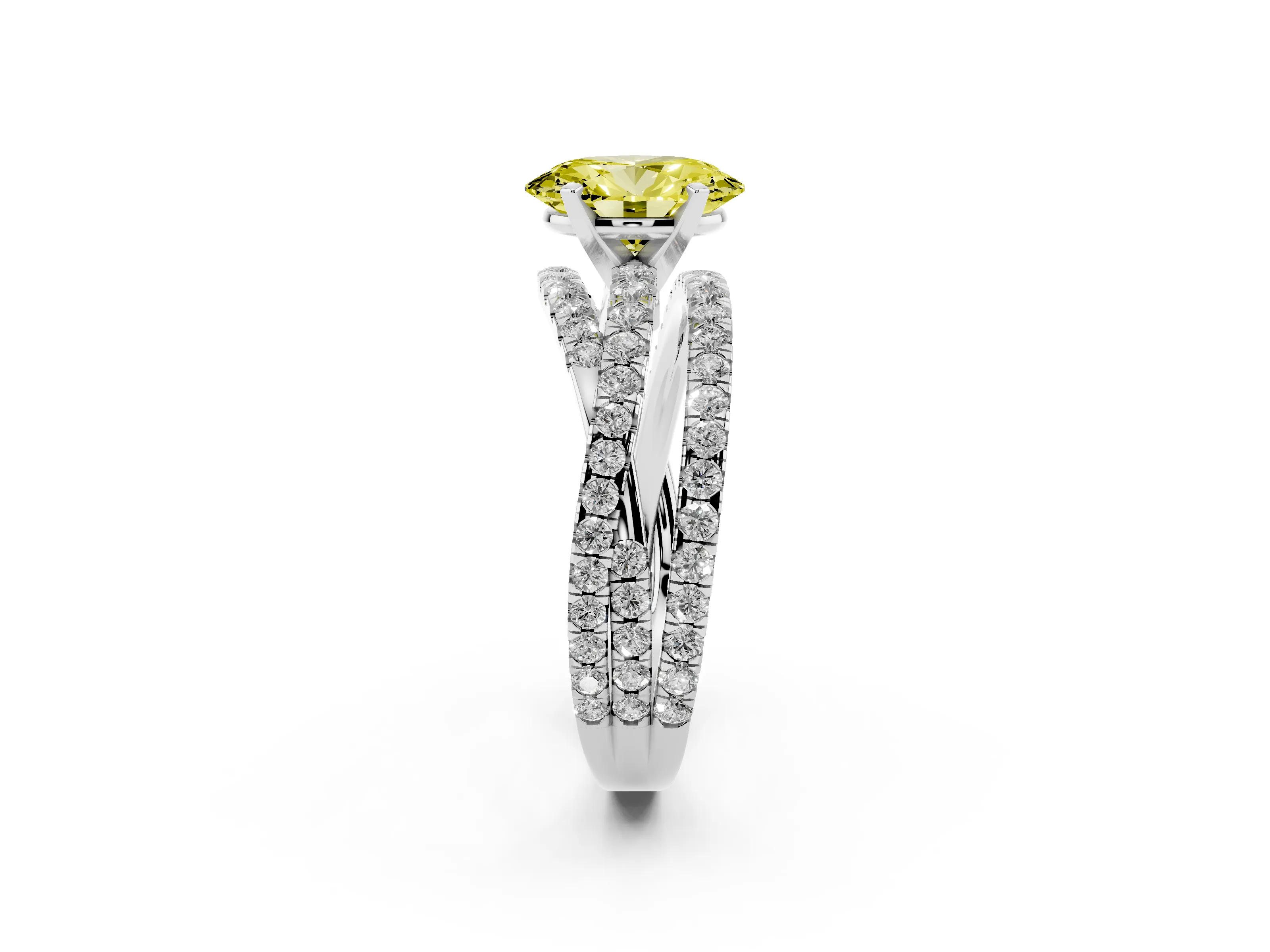 Fancy Yellow Oval Cut Diamond Solitaire Twist Band Ring Set in Platinum with Pavé Setting and Prong Head