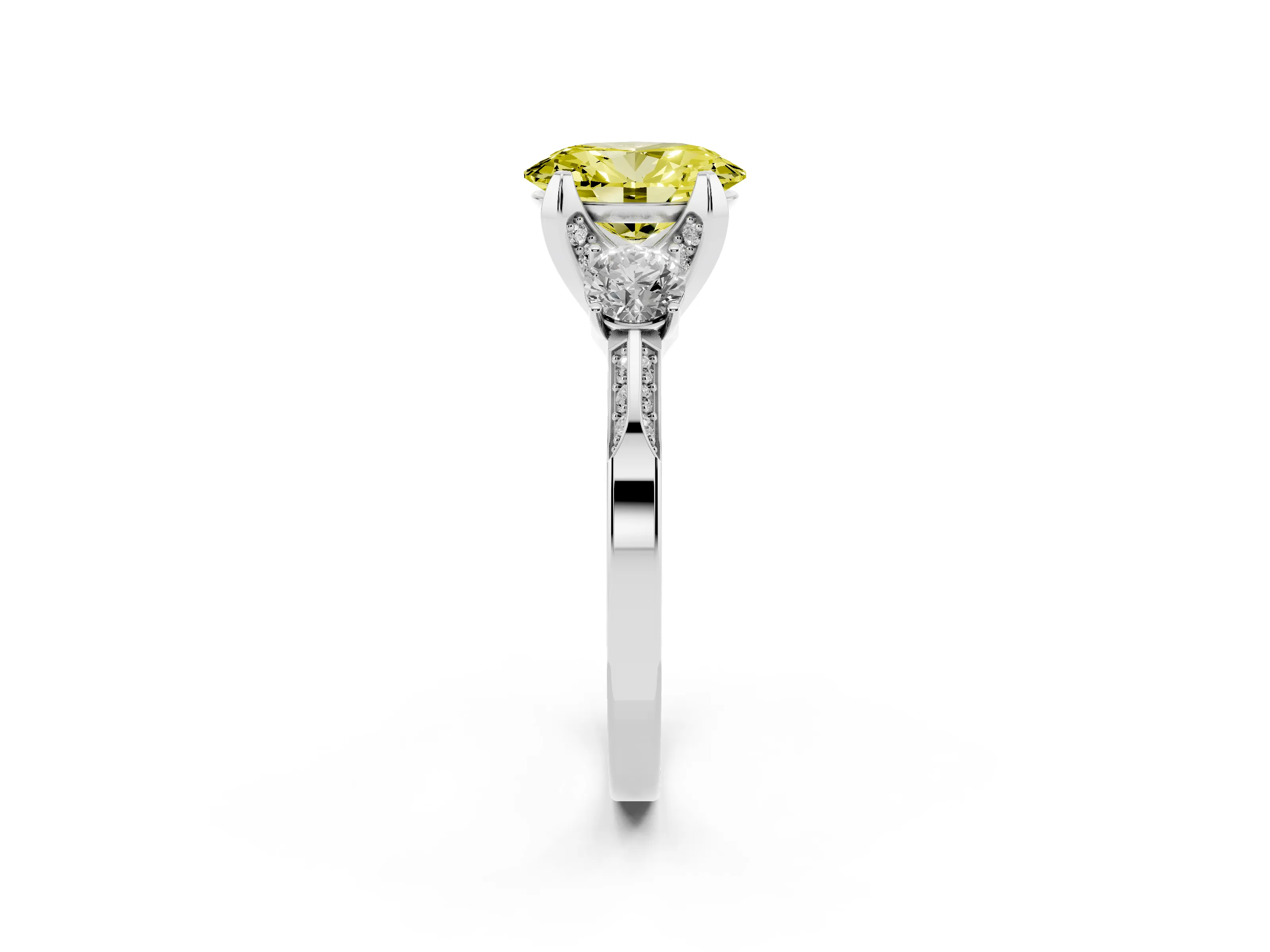 Fancy Yellow Oval Cut Diamond Three-Stone Ring Set in Silver with Pavé Band and Smaller Side Stones
