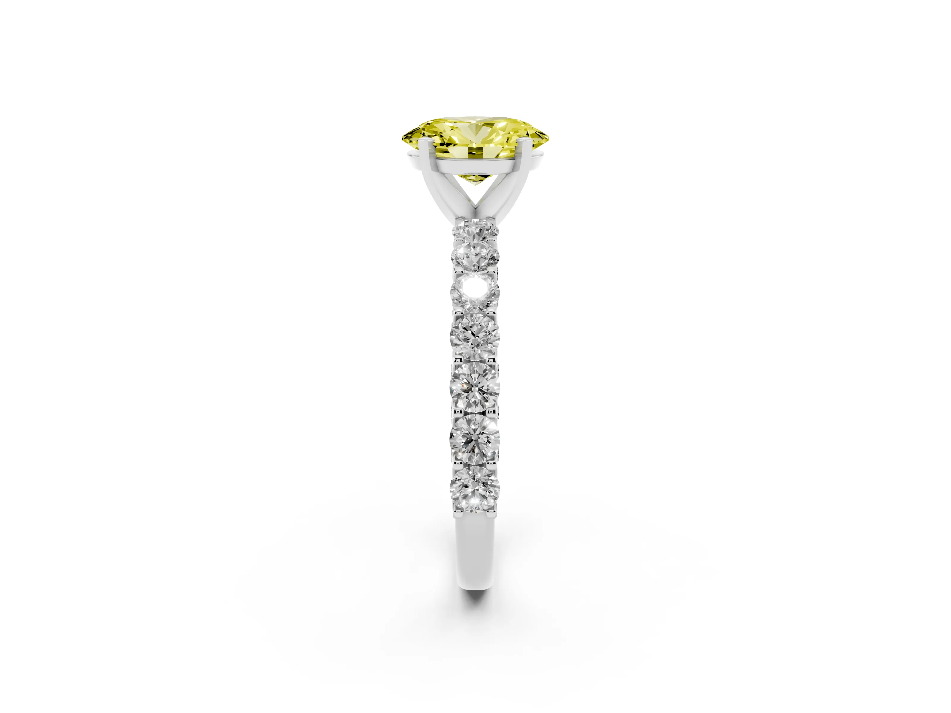 Fancy Yellow Oval Cut Diamond Solitaire Ring Set in Platinum with Shared Prong Pavé Band