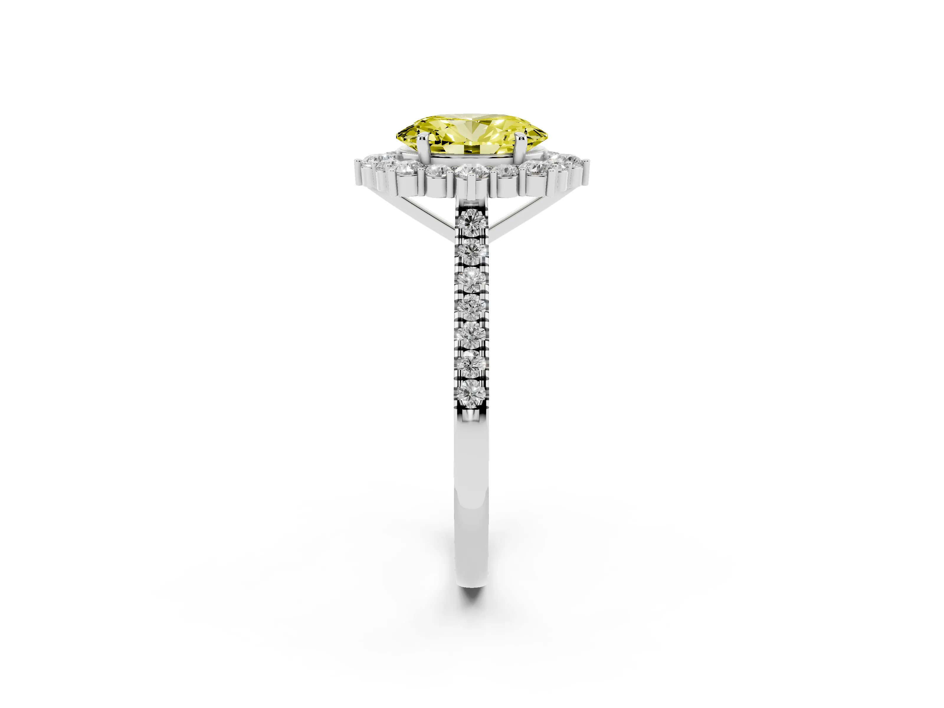 Fancy Yellow Oval Cut Diamond Halo Ring Set in Silver with Pavé Band and Prong Setting