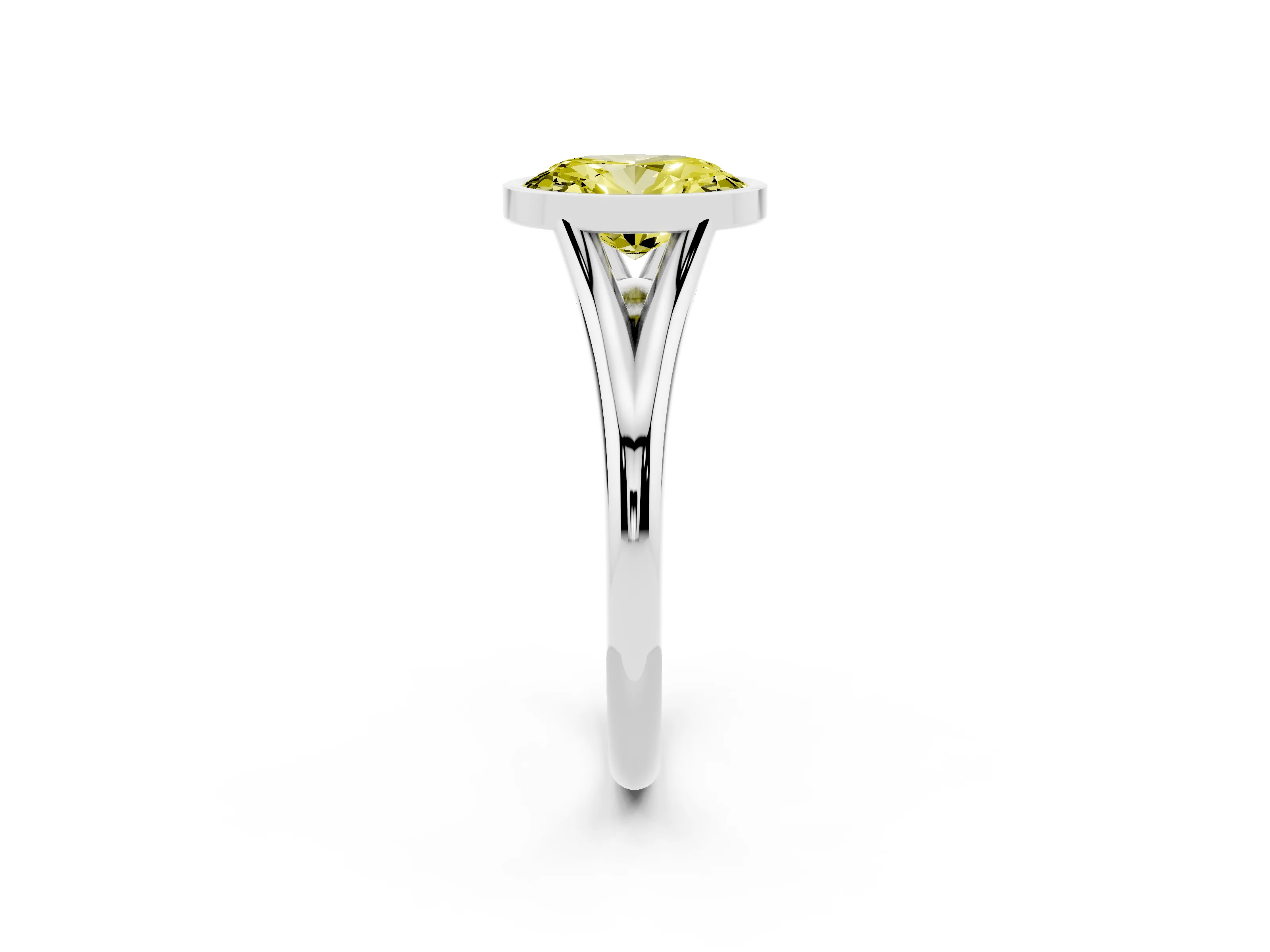 Fancy Yellow Bezel Set Oval Cut Diamond Solitaire Ring Set in Platinum with Tapered Band