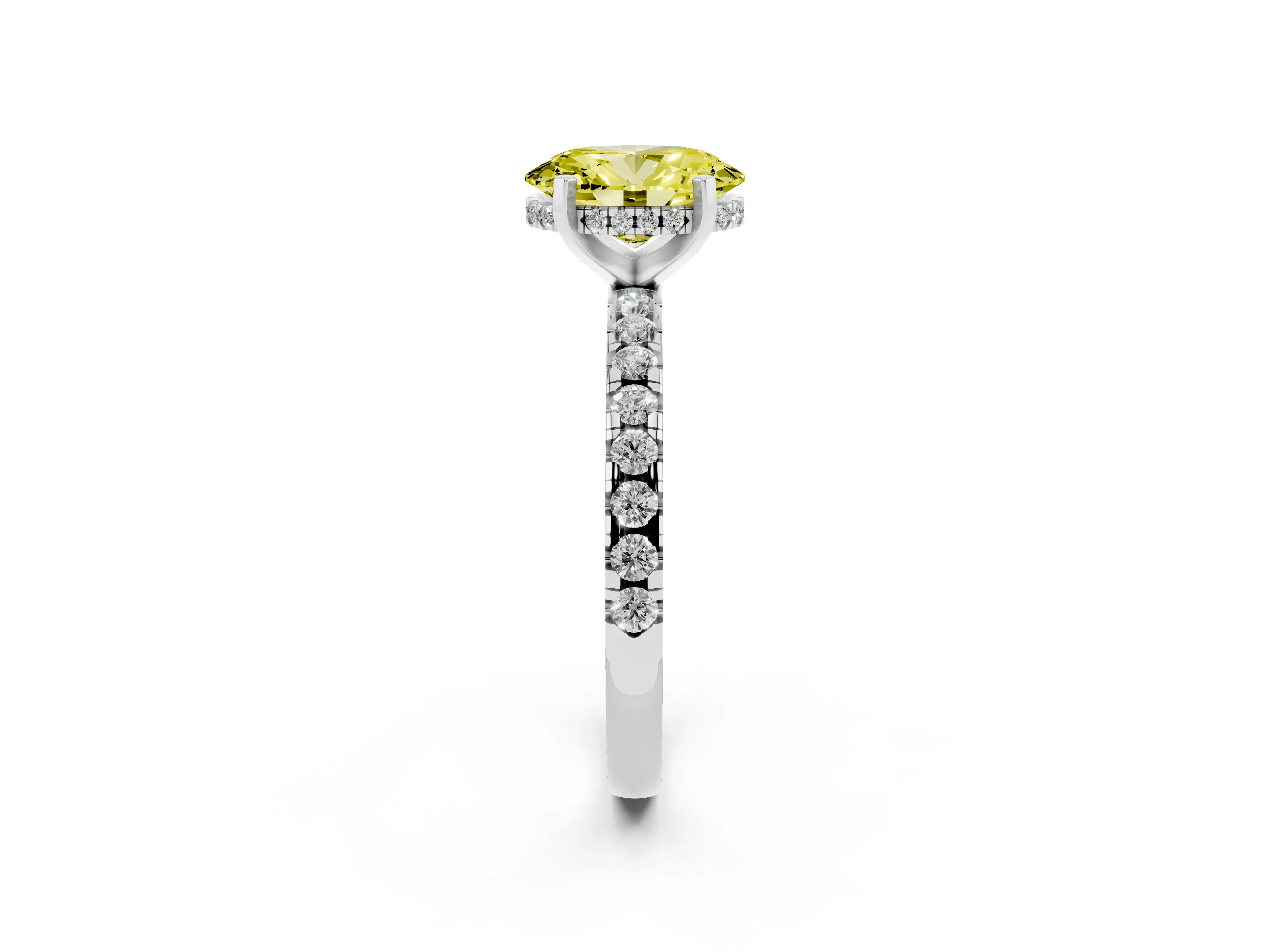Fancy Yellow Oval Cut Diamond Pavé Solitaire Ring Set in Silver with Round Band Accents and Prong Setting