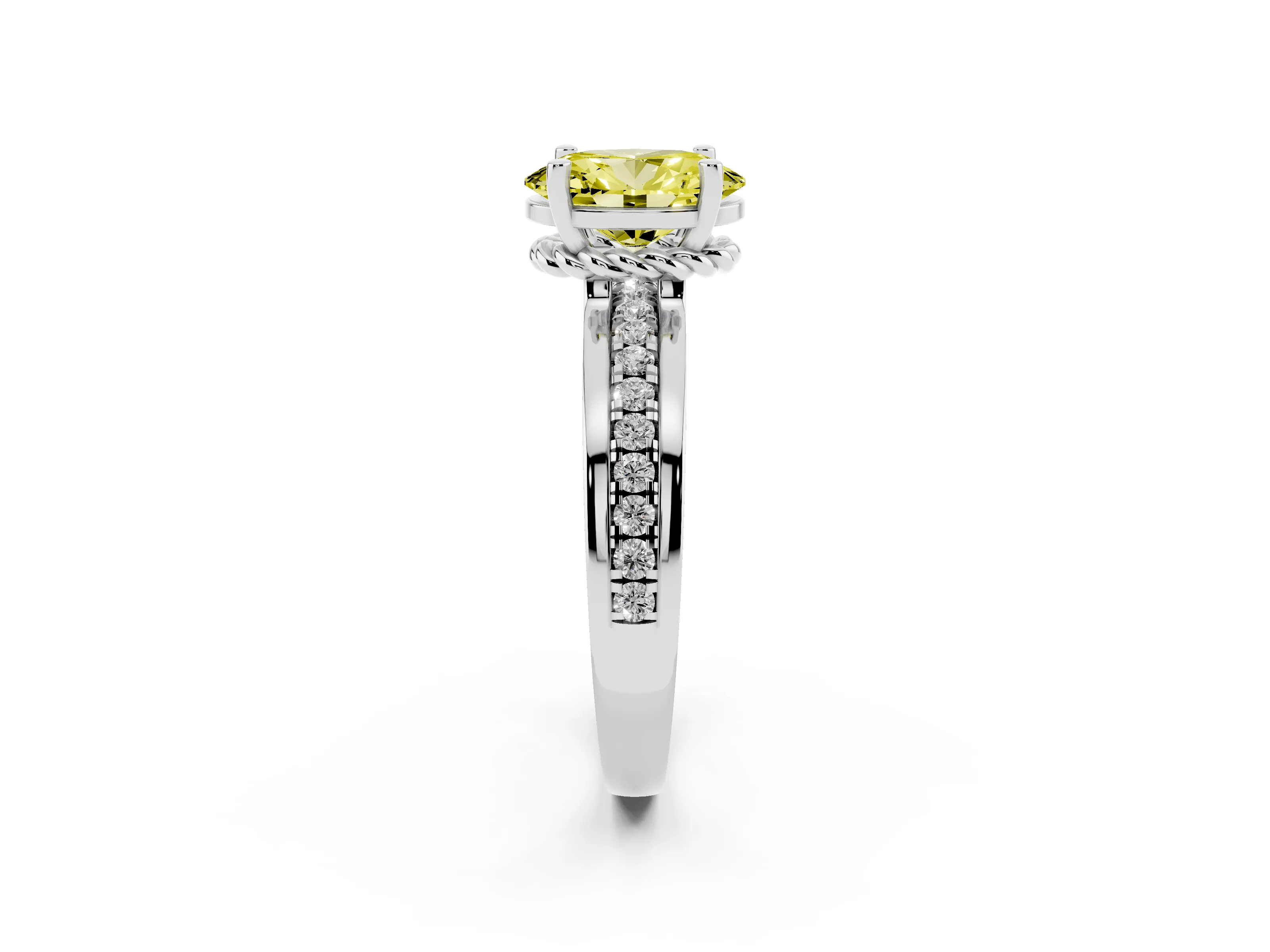 Fancy Yellow Oval Cut Diamond Solitaire Ring Set in Silver with Channel Set Band and Prong Setting