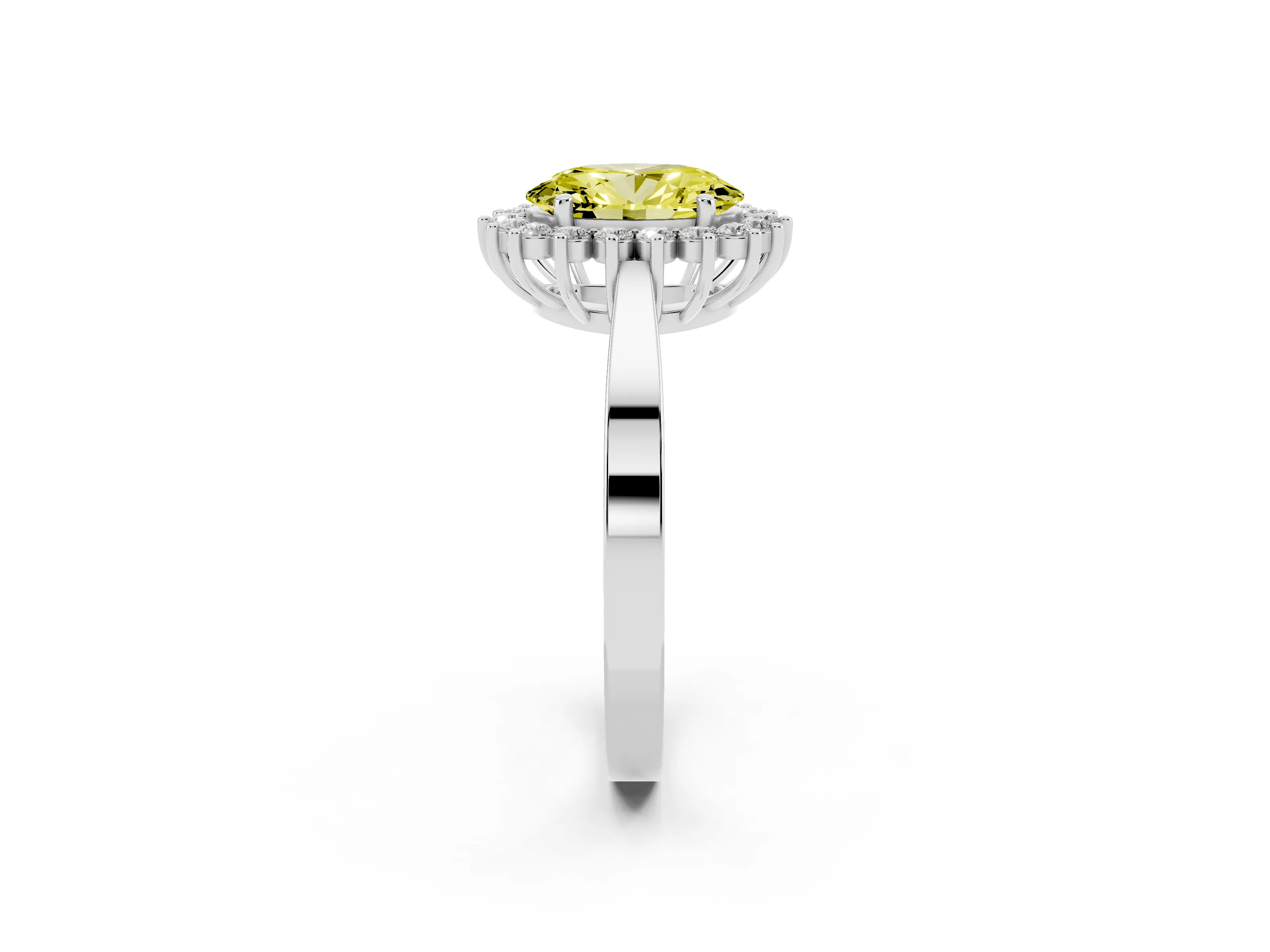 Fancy Yellow Oval Cut Diamond Halo Ring Set in White gold with Round Halo and Smooth Solitaire Band