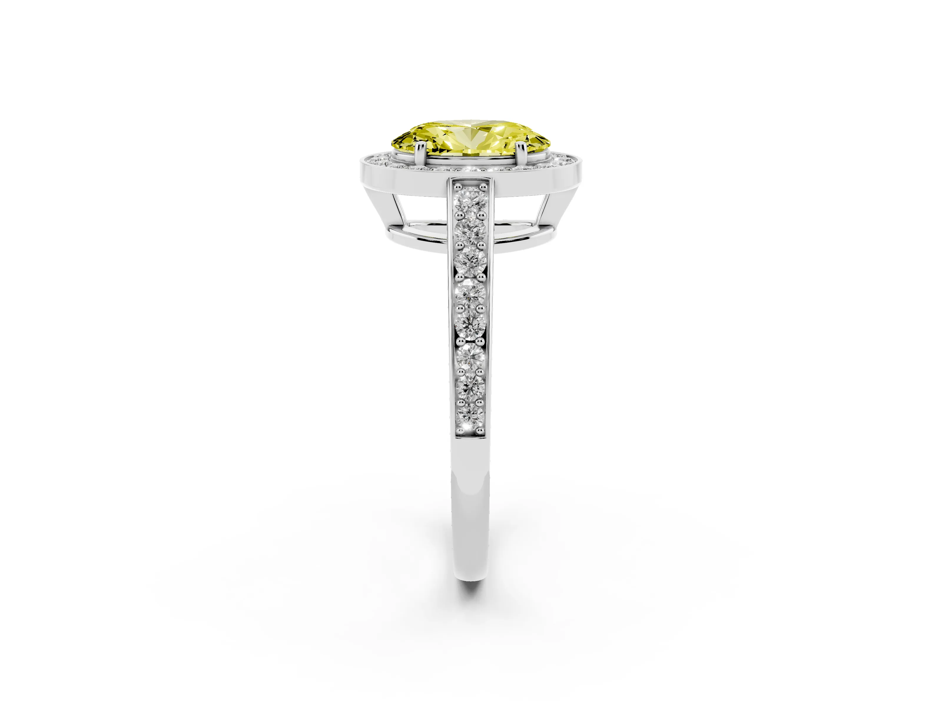 Fancy Yellow Oval Cut Diamond Halo Pavé Engagement Ring Set in Silver with Bezel Setting