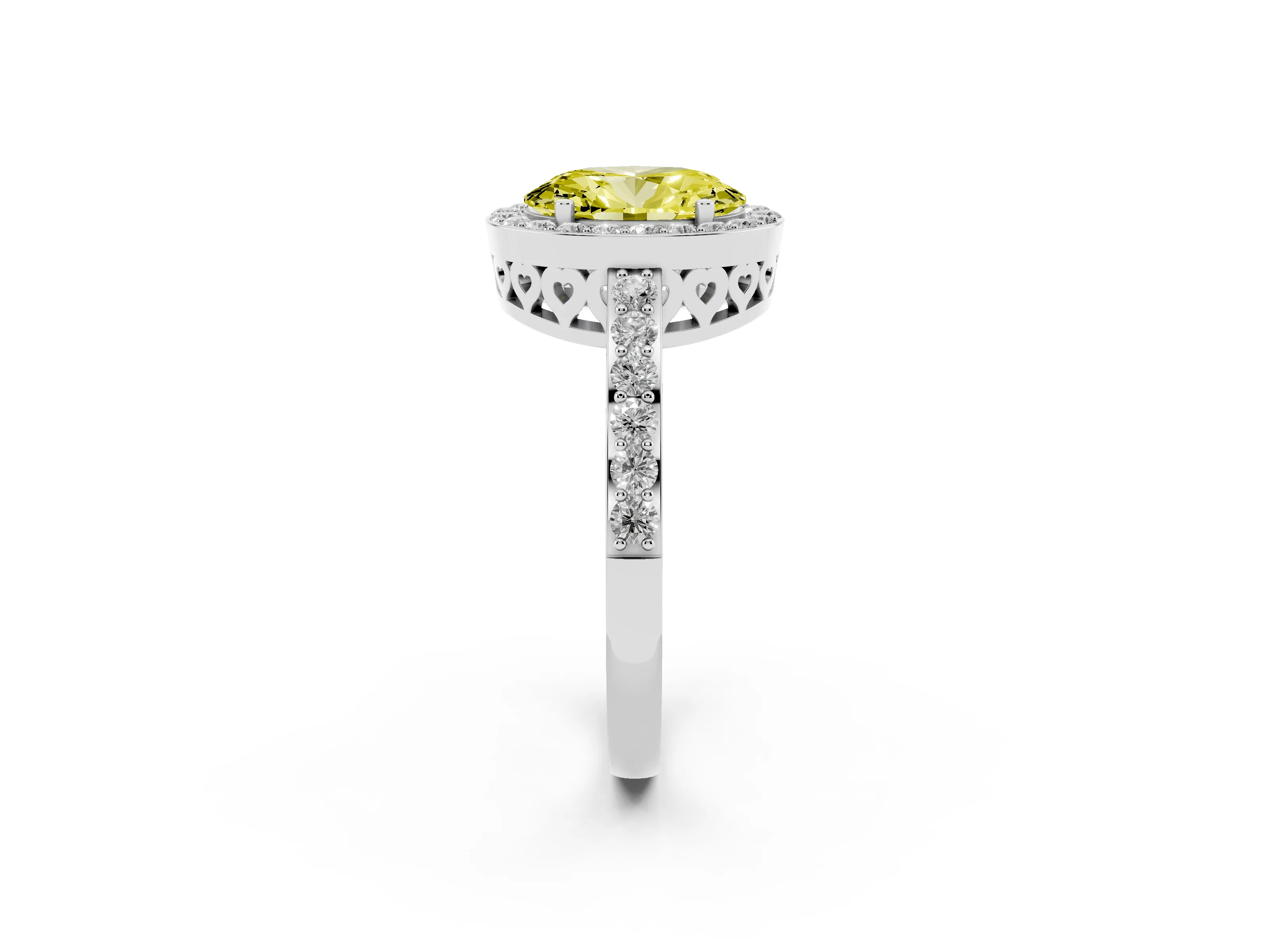 Fancy Yellow Oval Cut Diamond Halo Ring Set in White gold with Pavé-Setting Band and Open Prong Center
