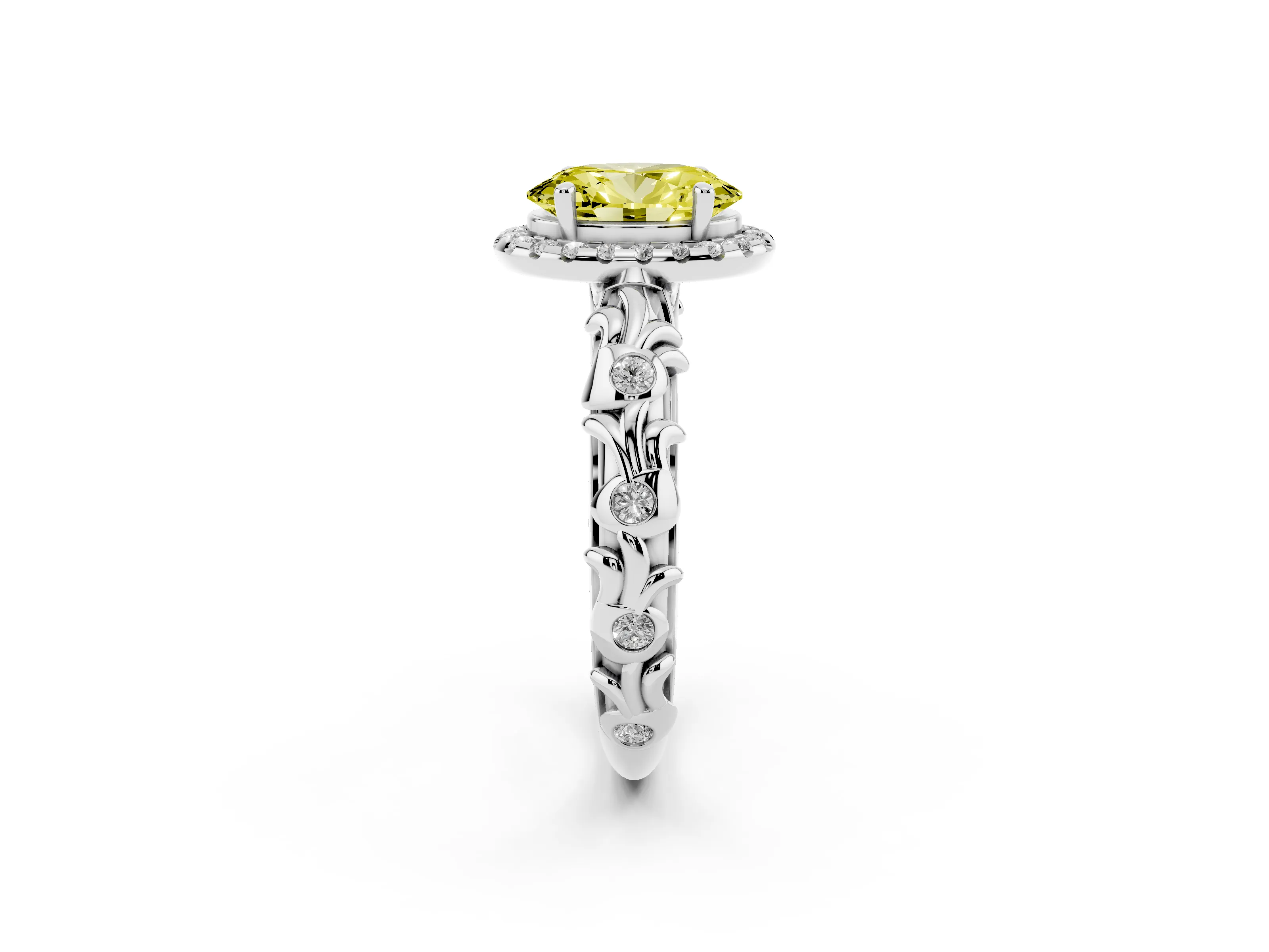 Fancy Yellow Oval Cut Diamond Halo Ring Set in Silver with Filigree Leaf Band and Prong Setting