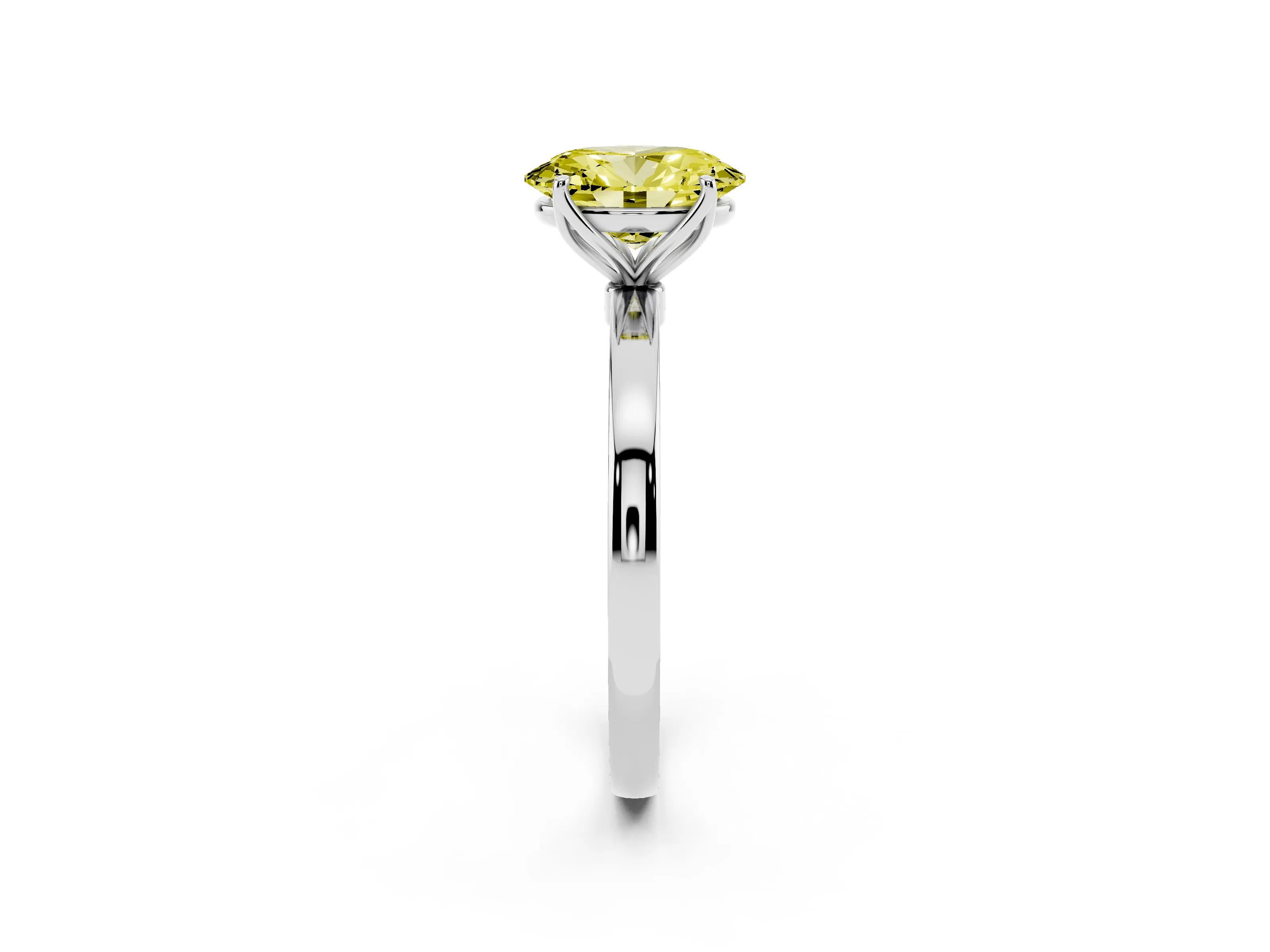 Fancy Yellow Oval Cut Diamond Solitaire Ring Set in White gold with Prong Setting and Thin Polished Band