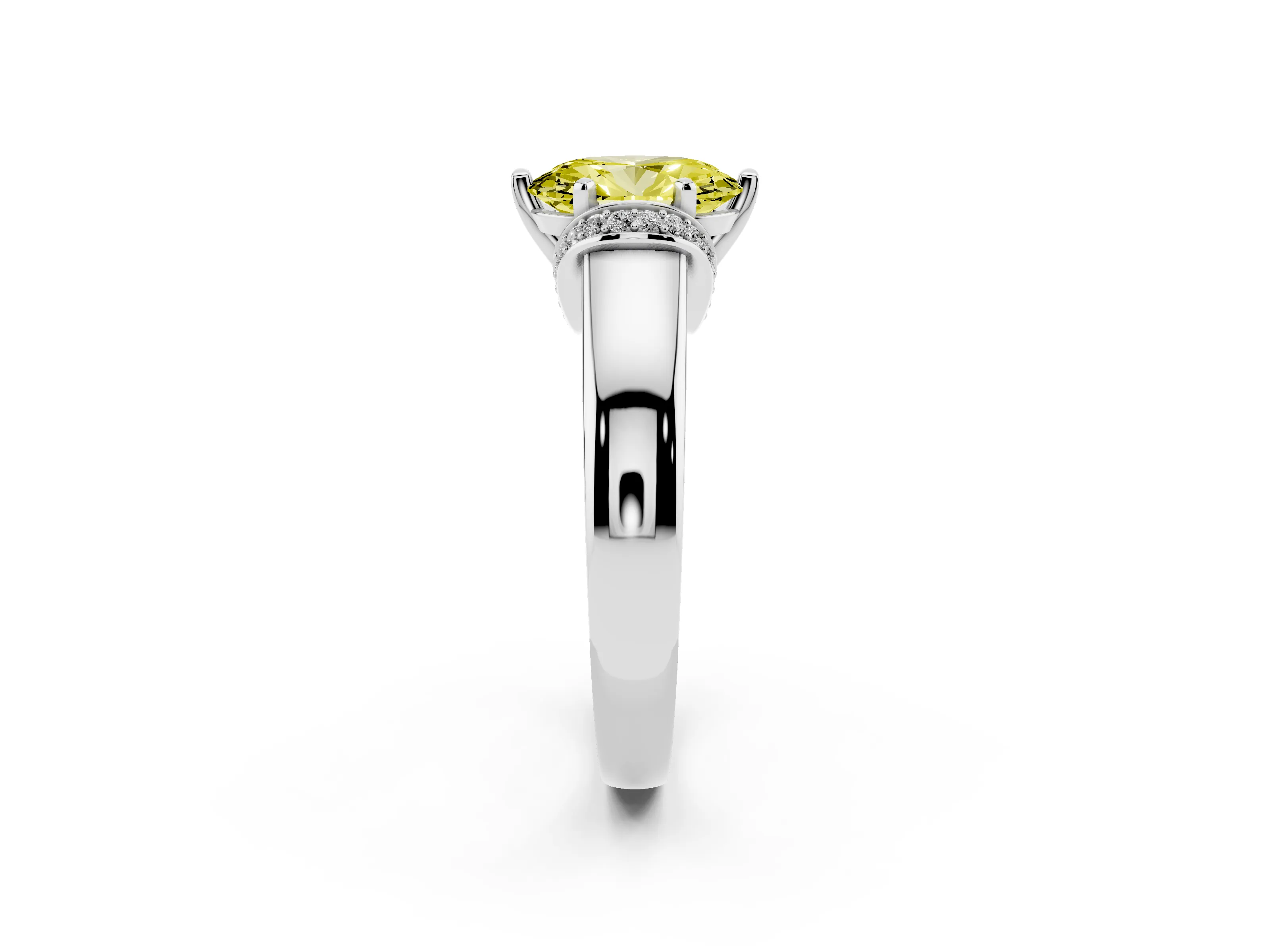 Fancy Yellow Oval Cut Diamond Pavé Band Solitaire Ring Set in Silver with Prong Setting
