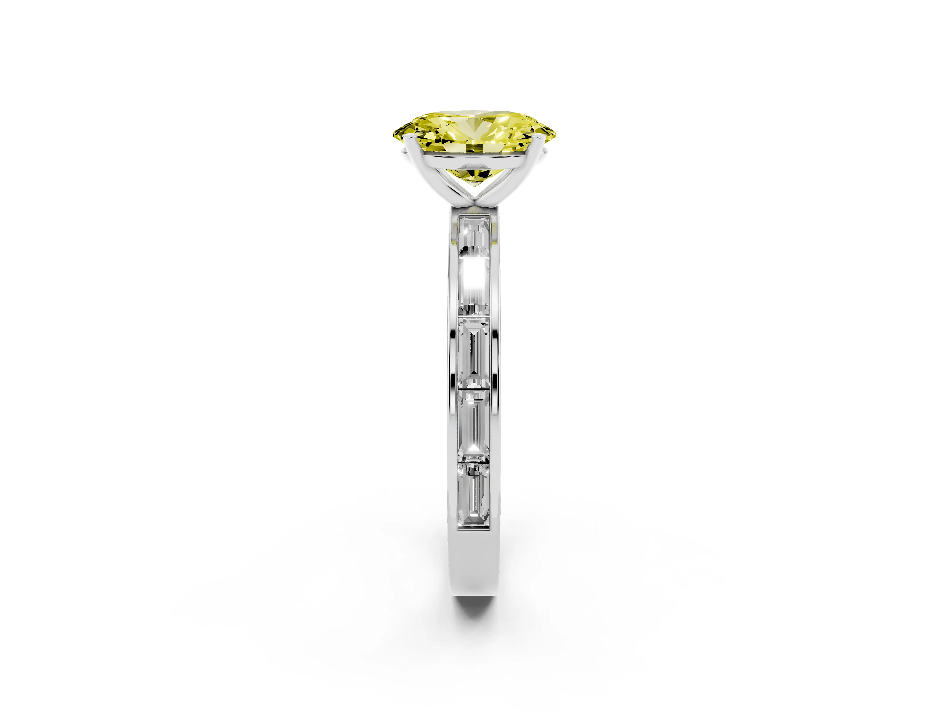 Fancy Yellow Oval Cut Diamond Solitaire Ring Set in Silver with Channel-Set Baguette Band and Prong Setting