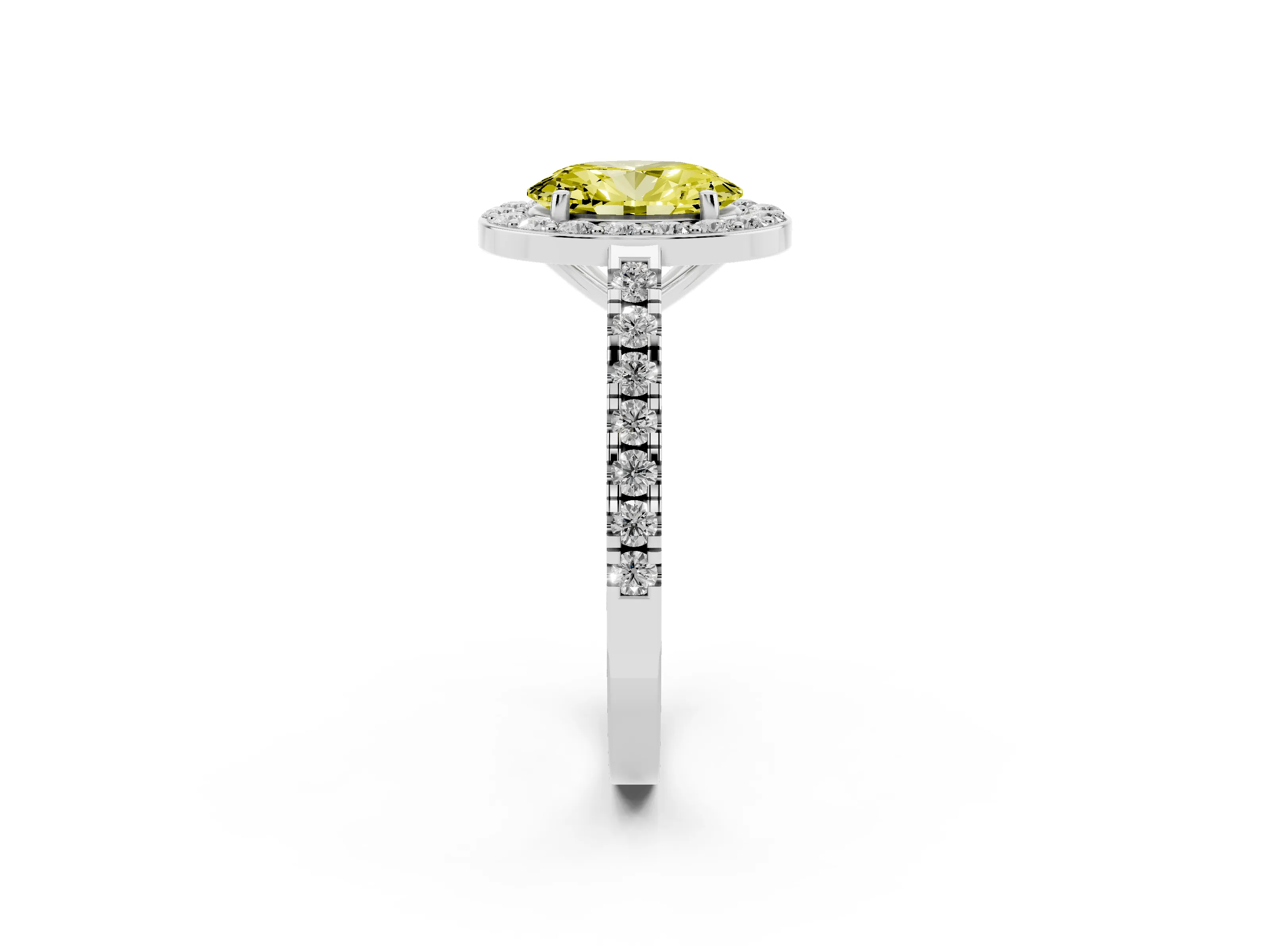 Fancy Yellow Oval Cut Diamond Halo Ring Set in Silver with Round Pavé Split Shank and Prong Setting