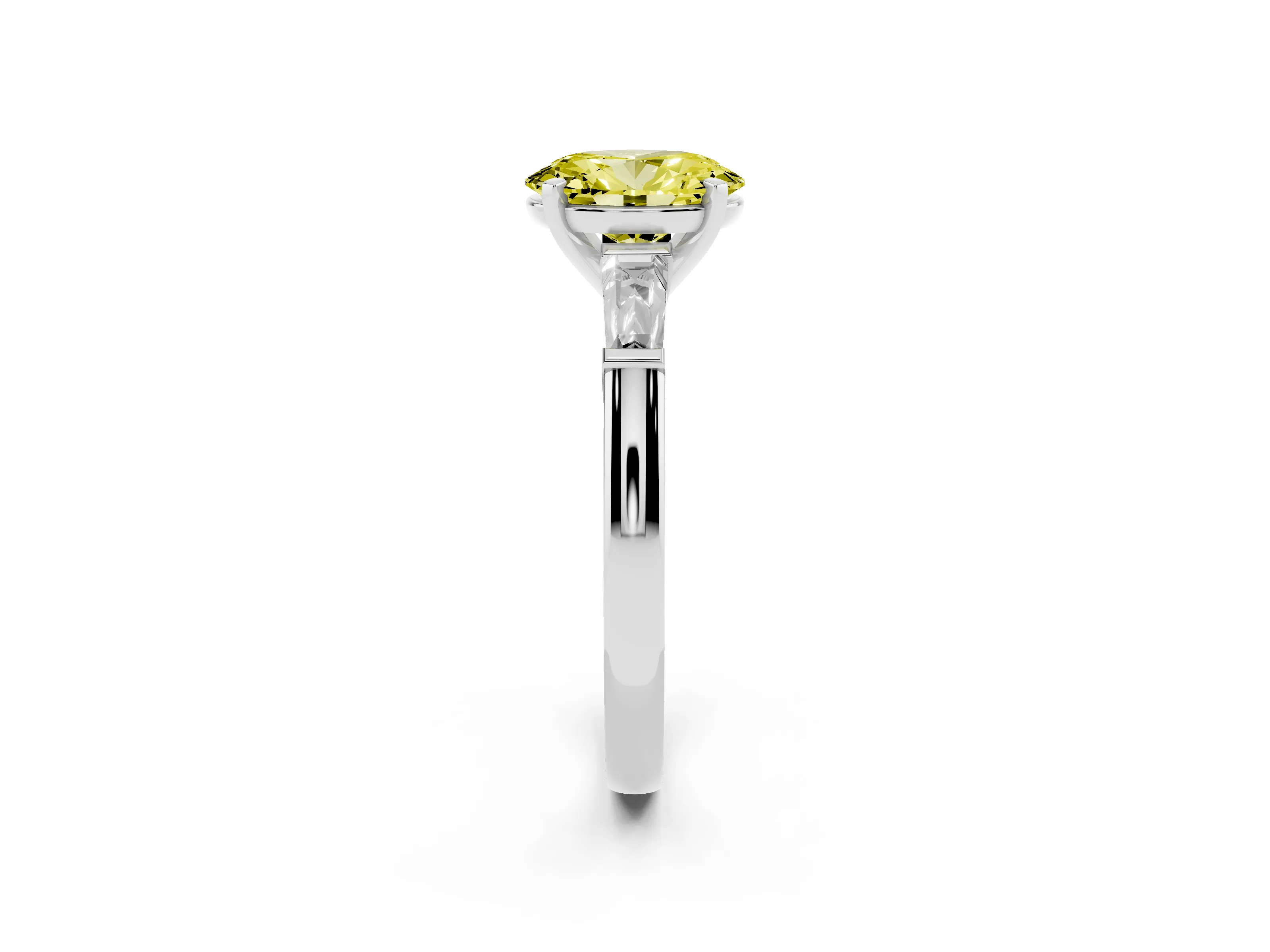 Fancy Yellow Oval Cut Diamond Solitaire Ring Set in White gold with Tapered Baguette Side Stones and Prong Setting