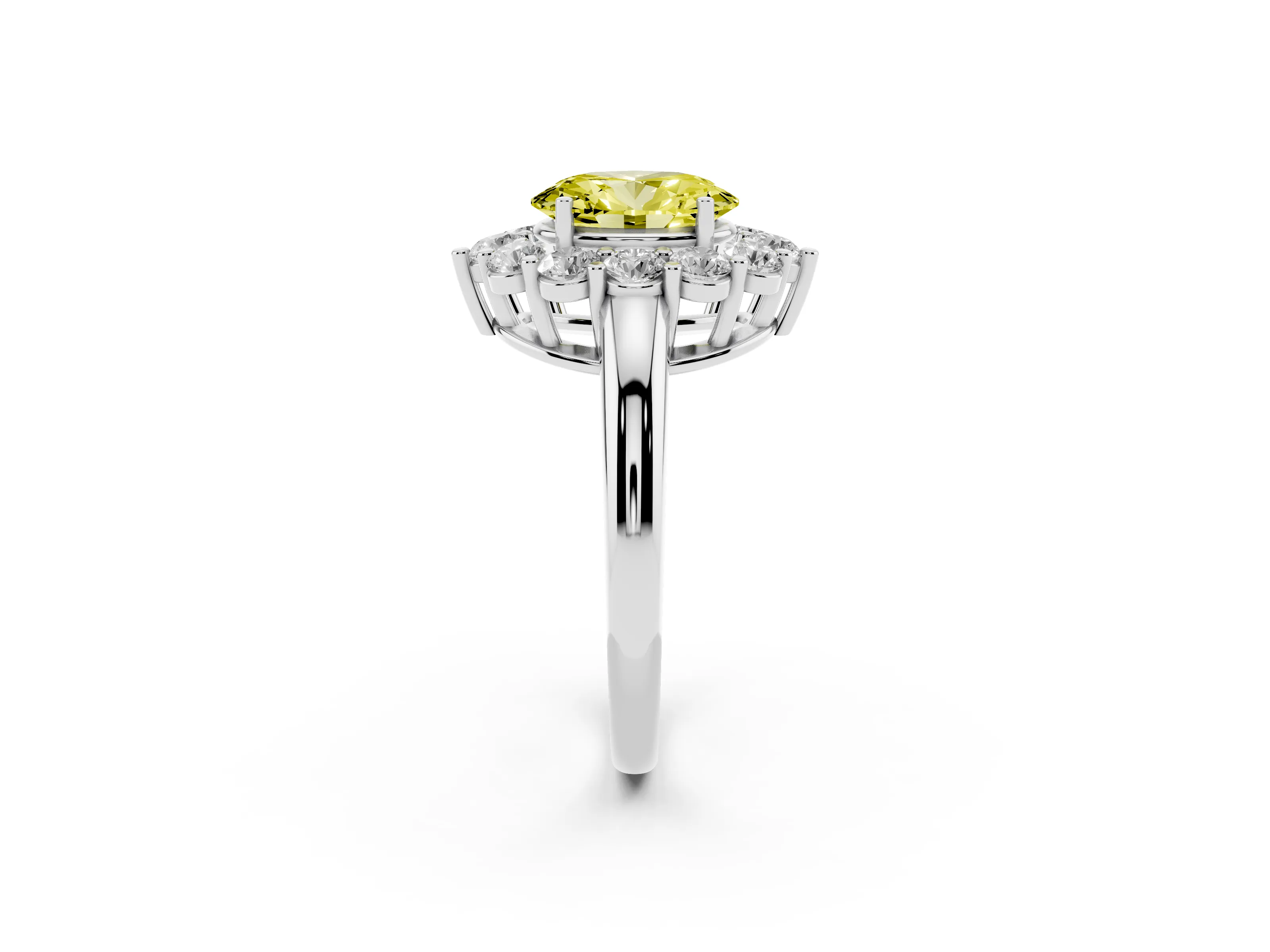 Fancy Yellow Oval Cut Diamond Halo Cluster Engagement Ring Set in Silver with Polished Band and Prong Setting
