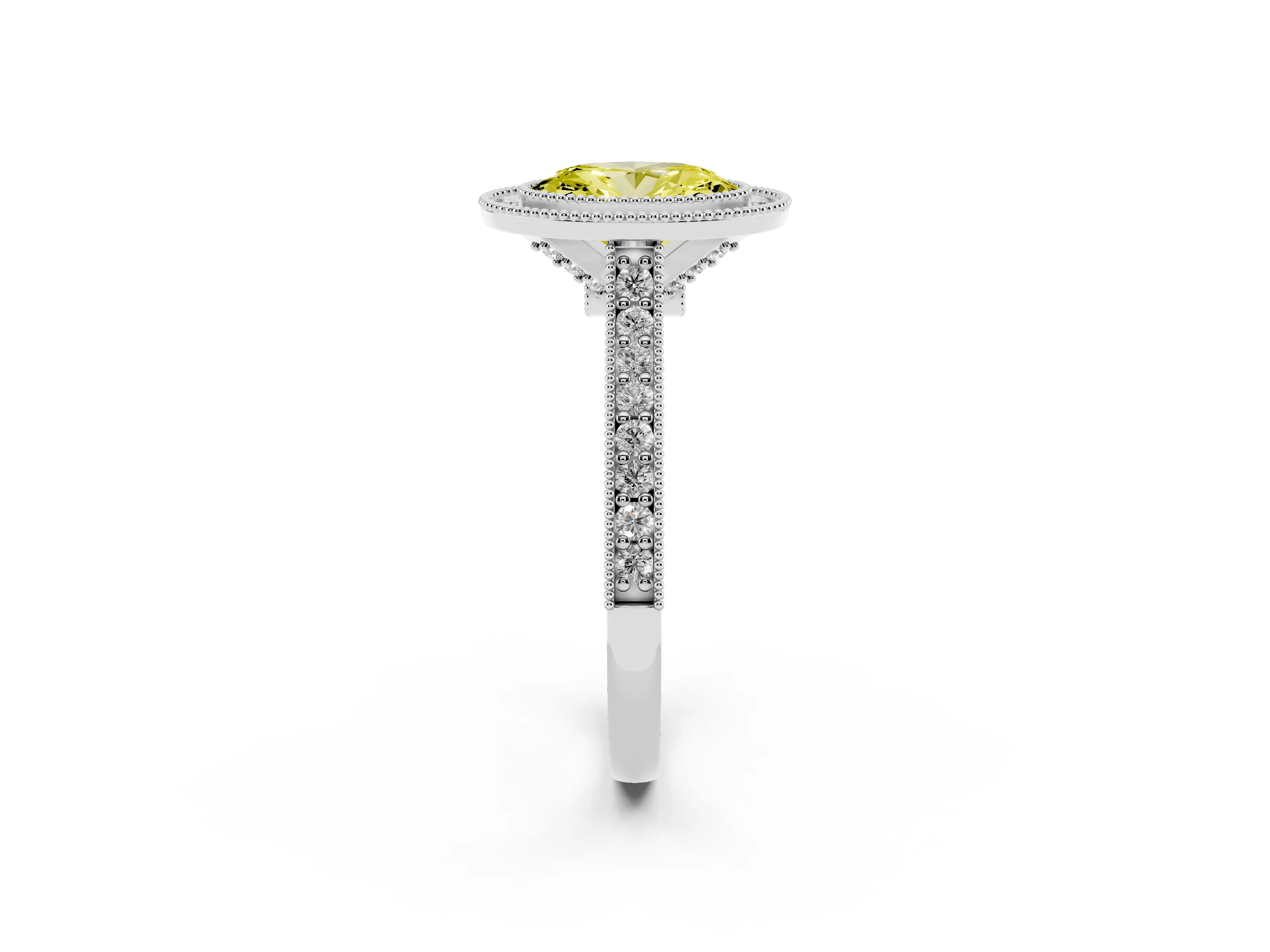 Fancy Yellow Oval Cut Diamond Halo Milgrain Pavé Band Ring Set in Silver with Prong Setting