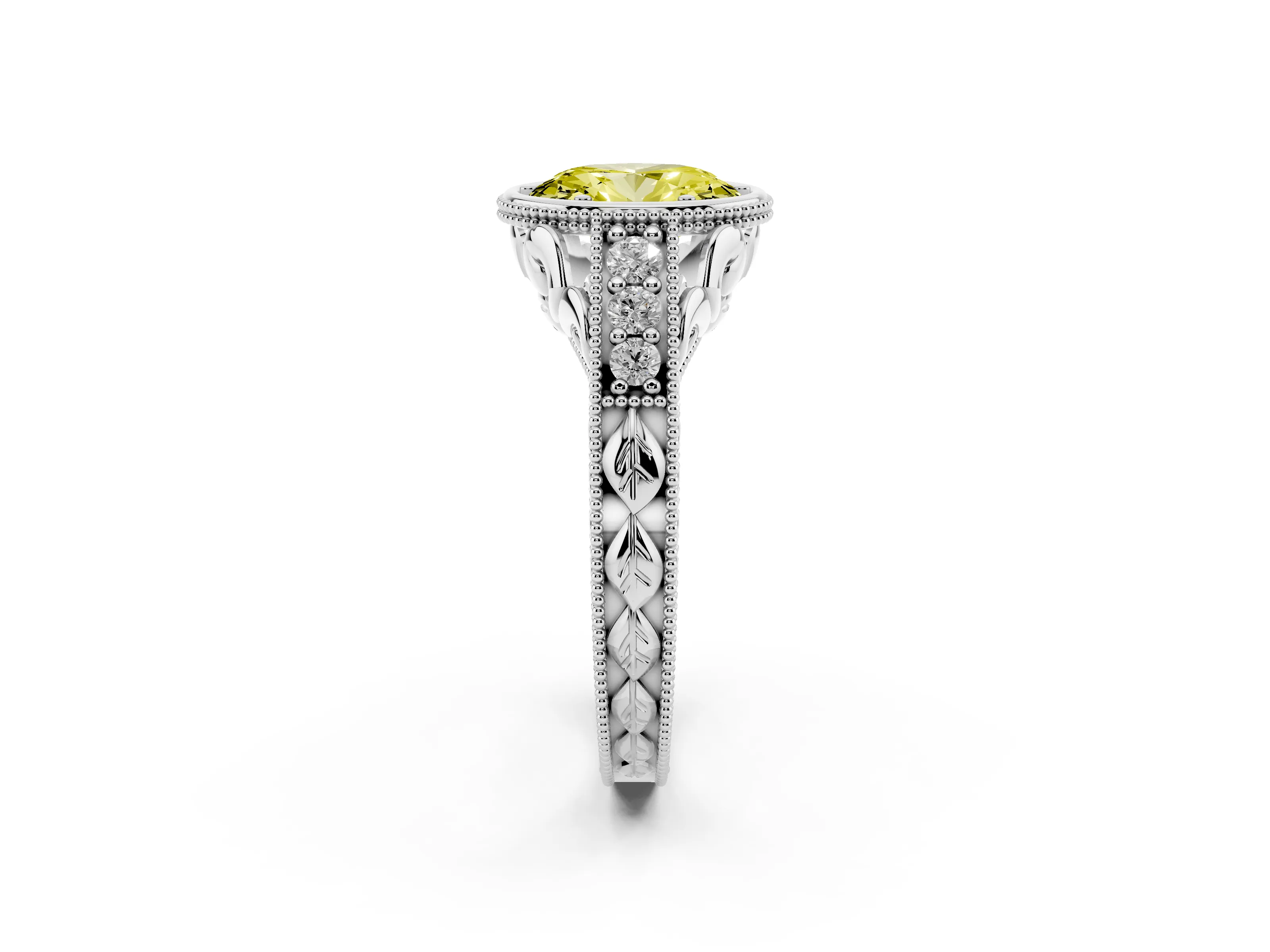 Fancy Yellow Bezel Set Oval Cut Diamond Milgrain Pavé Engagement Ring Set in Silver
