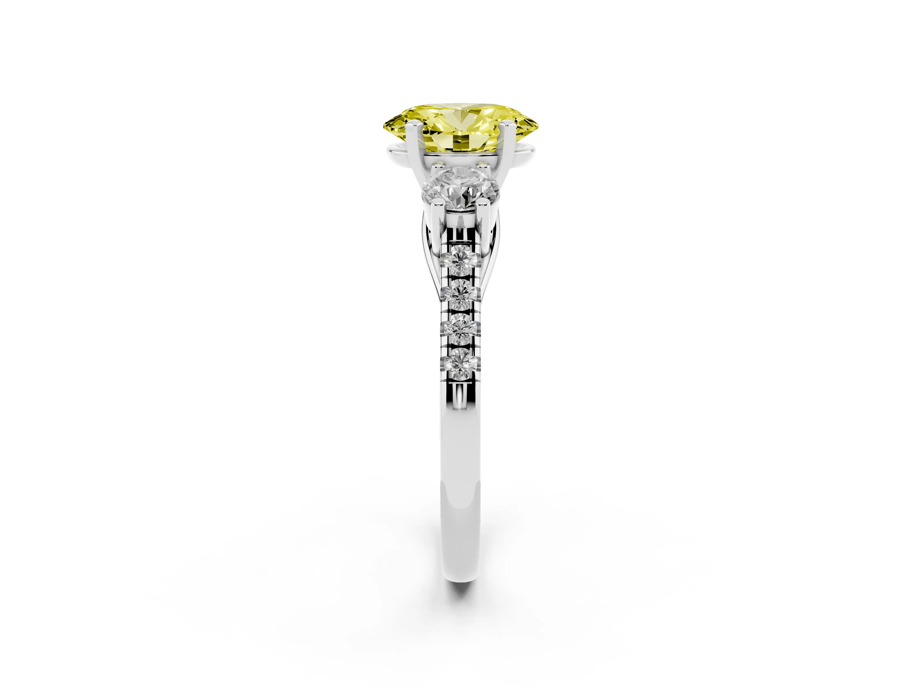 Fancy Yellow Three-Stone Oval Cut Diamond Pavé Band Ring Set in Platinum with Prong-Set Trio