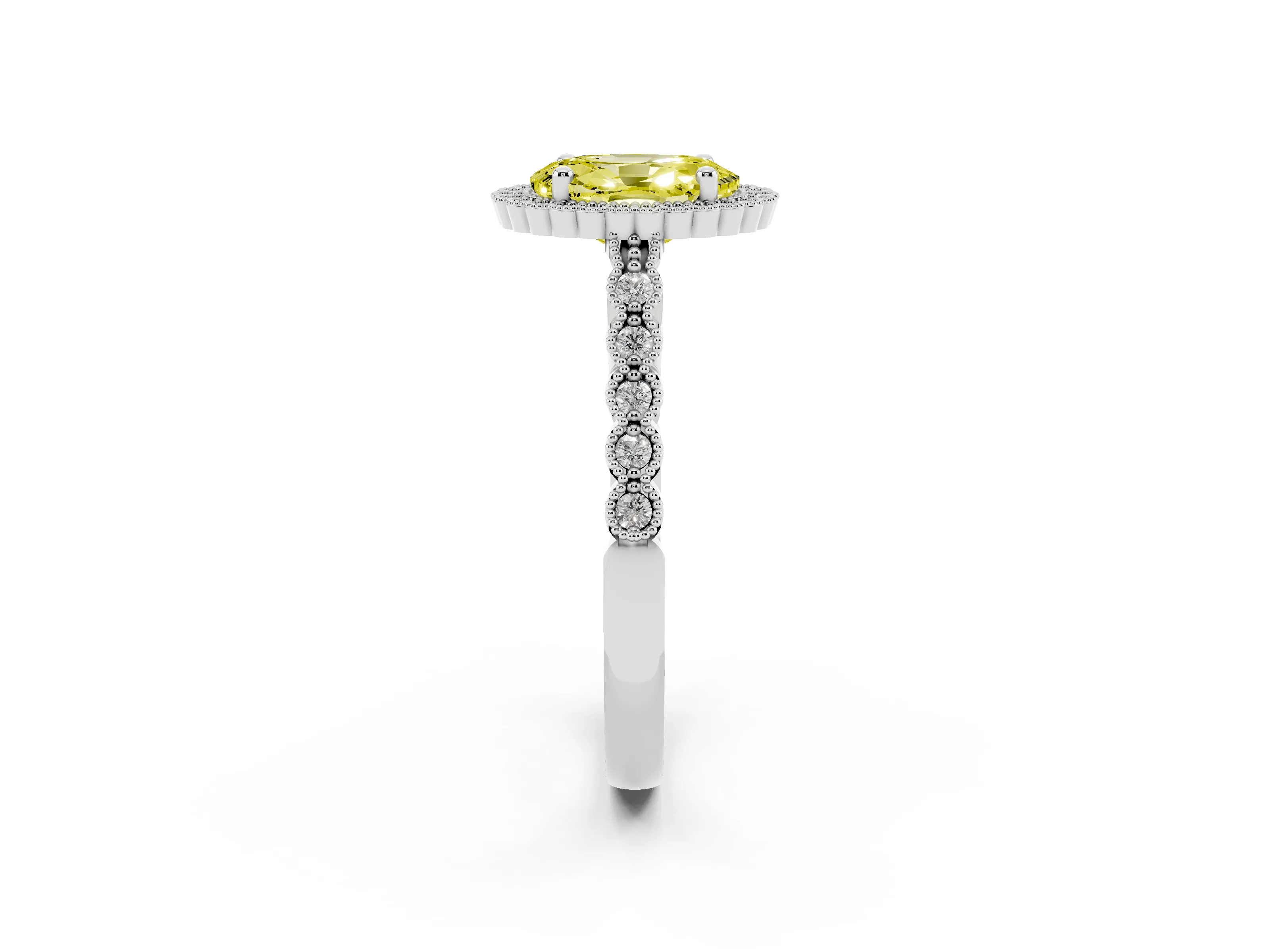 Fancy Yellow Oval Cut Diamond Halo Ring Set in Platinum with Pavé Milgrain Band