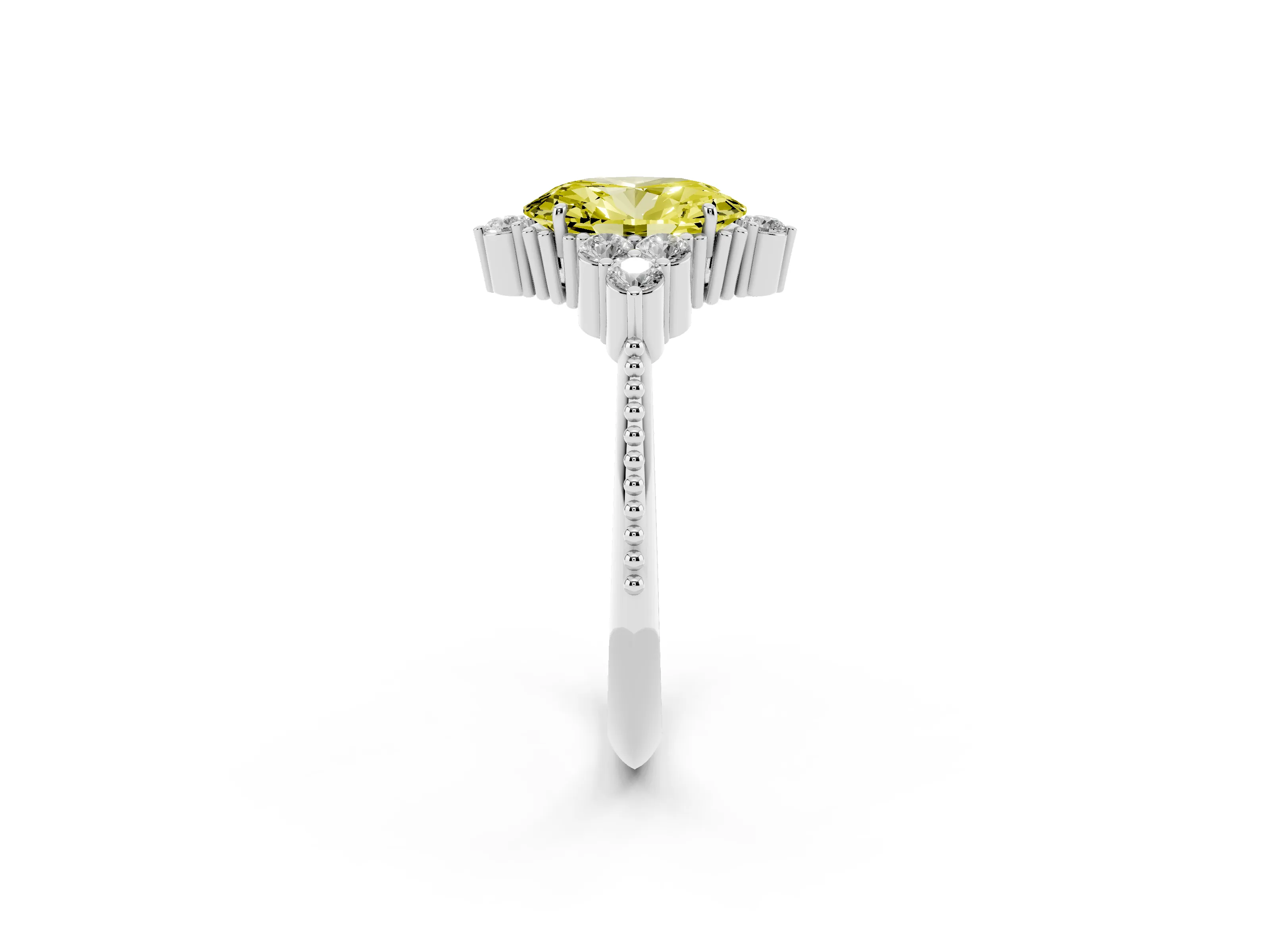 Fancy Yellow Oval Cut Diamond Cluster Ring Set in Silver with Beaded Band