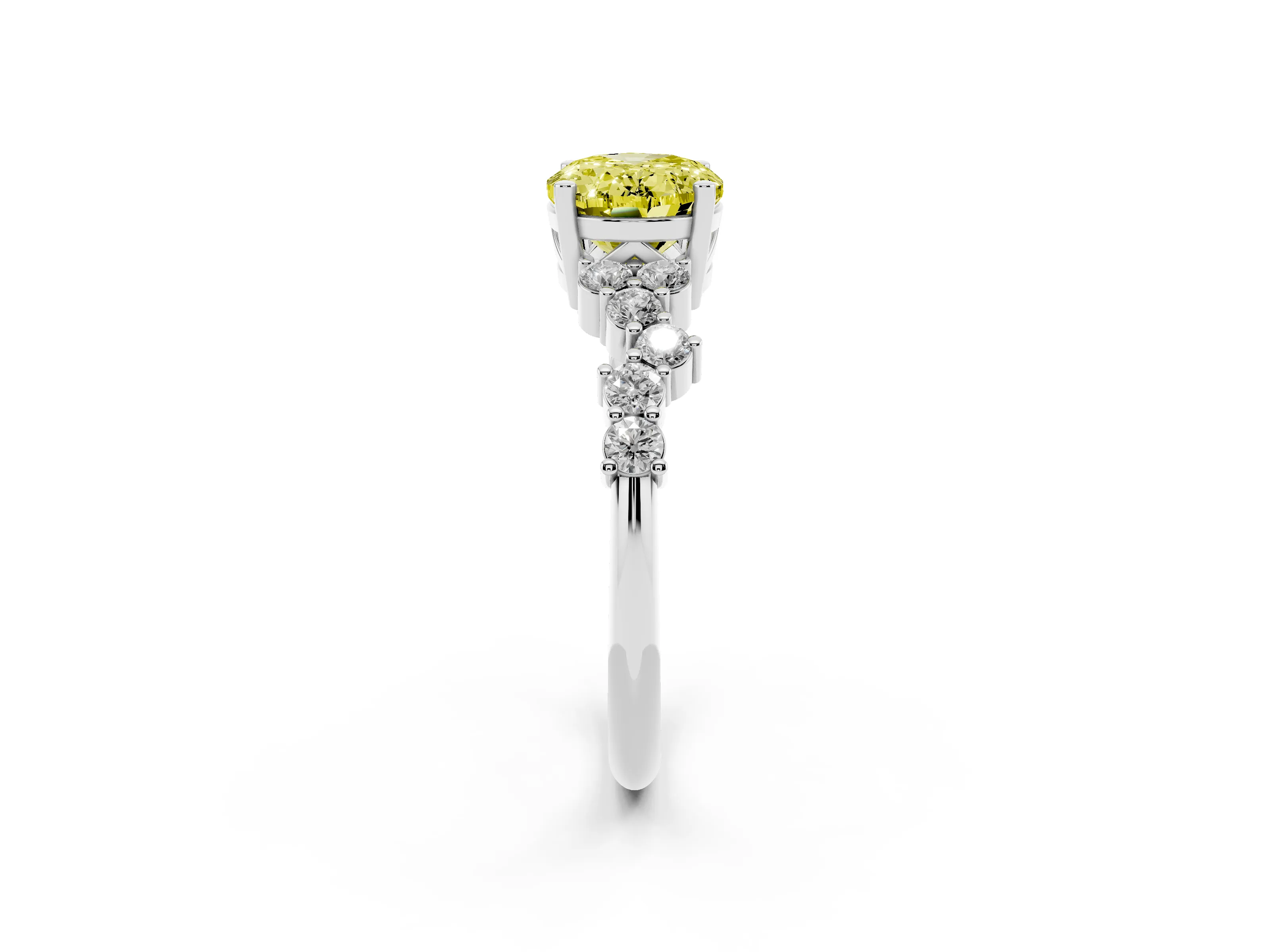 Fancy Yellow Oval Cut Diamond Ring Set in White gold with Scattered Round Accents