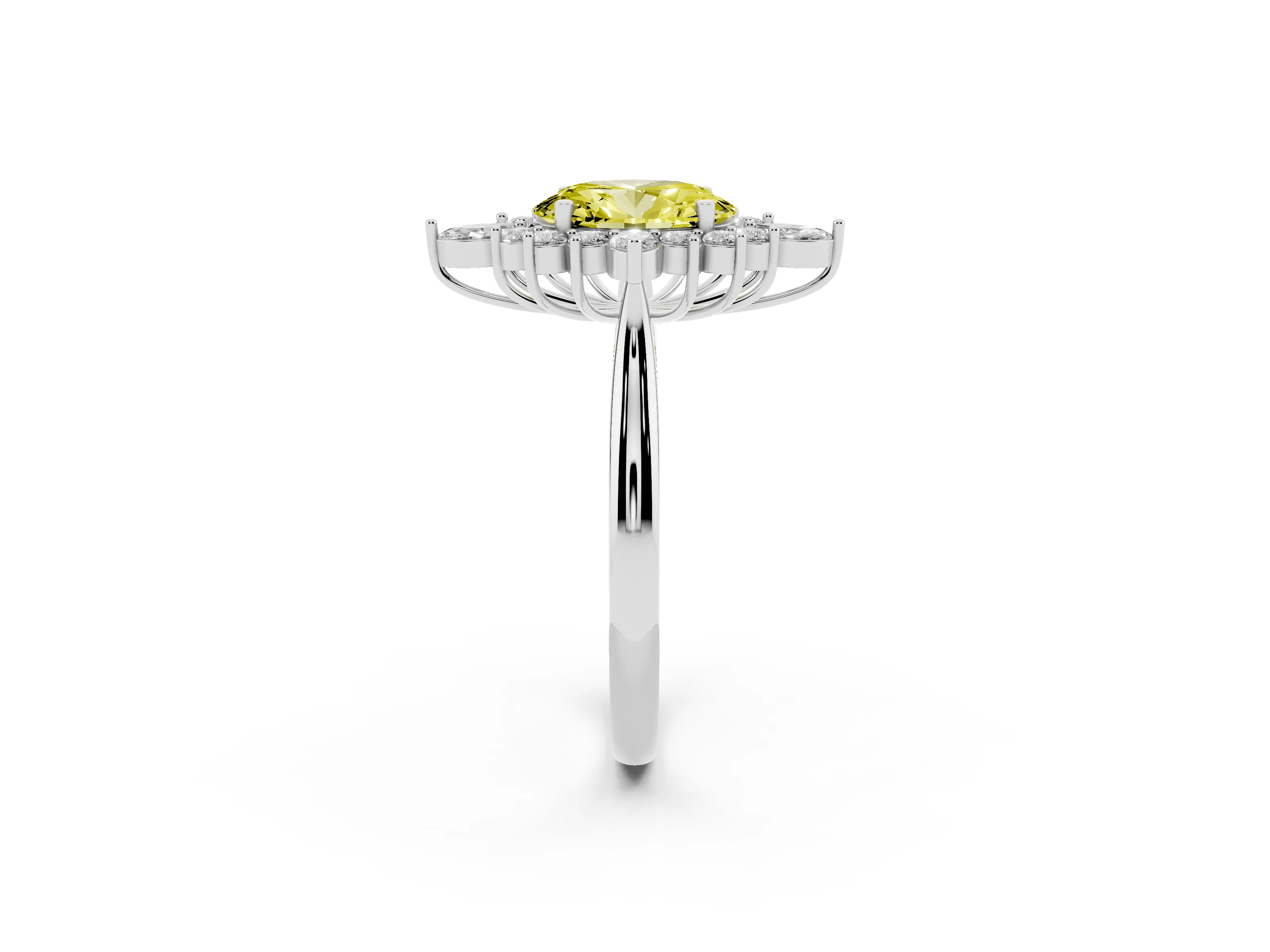 Fancy Yellow Oval Cut Diamond Cluster Halo Ring Set in White gold with Marquise and Round Accents