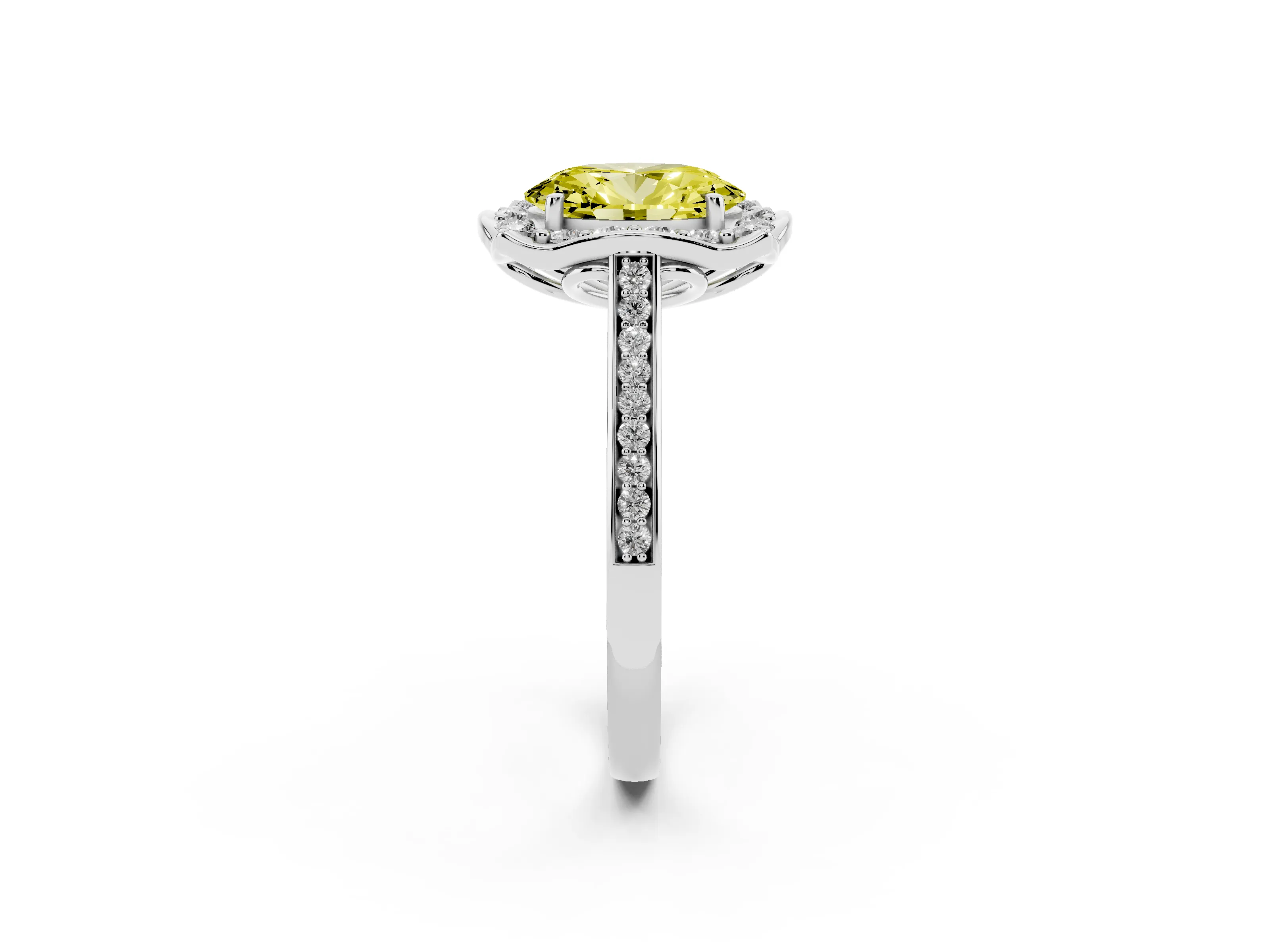 Fancy Yellow Oval Cut Diamond Halo Ring Set in Platinum with Pavé-Lined Shoulders and Prong Setting