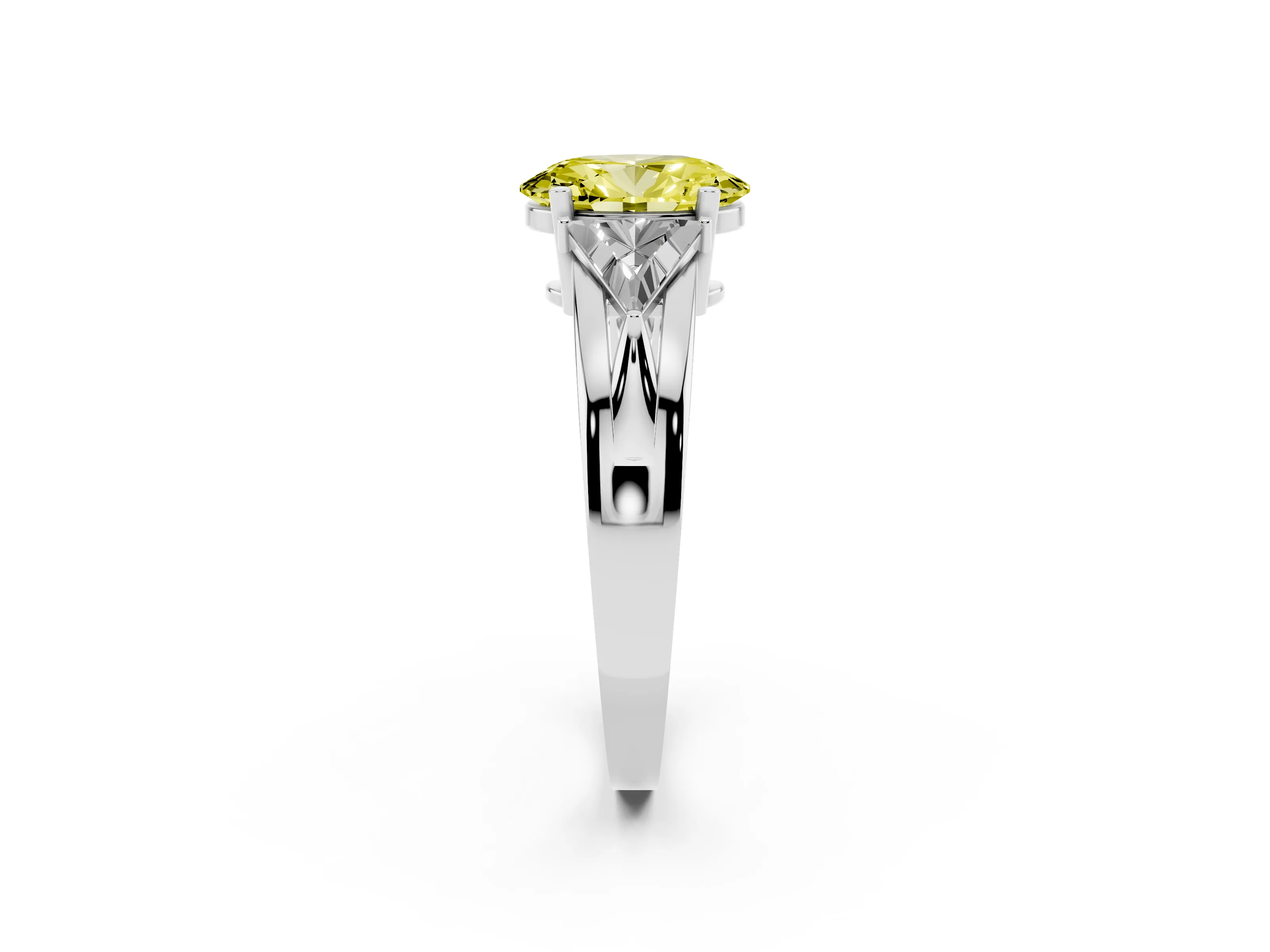Fancy Yellow Oval Cut Diamond Three-Stone Ring Set in White gold with Trillion Side Stones and Split Shank