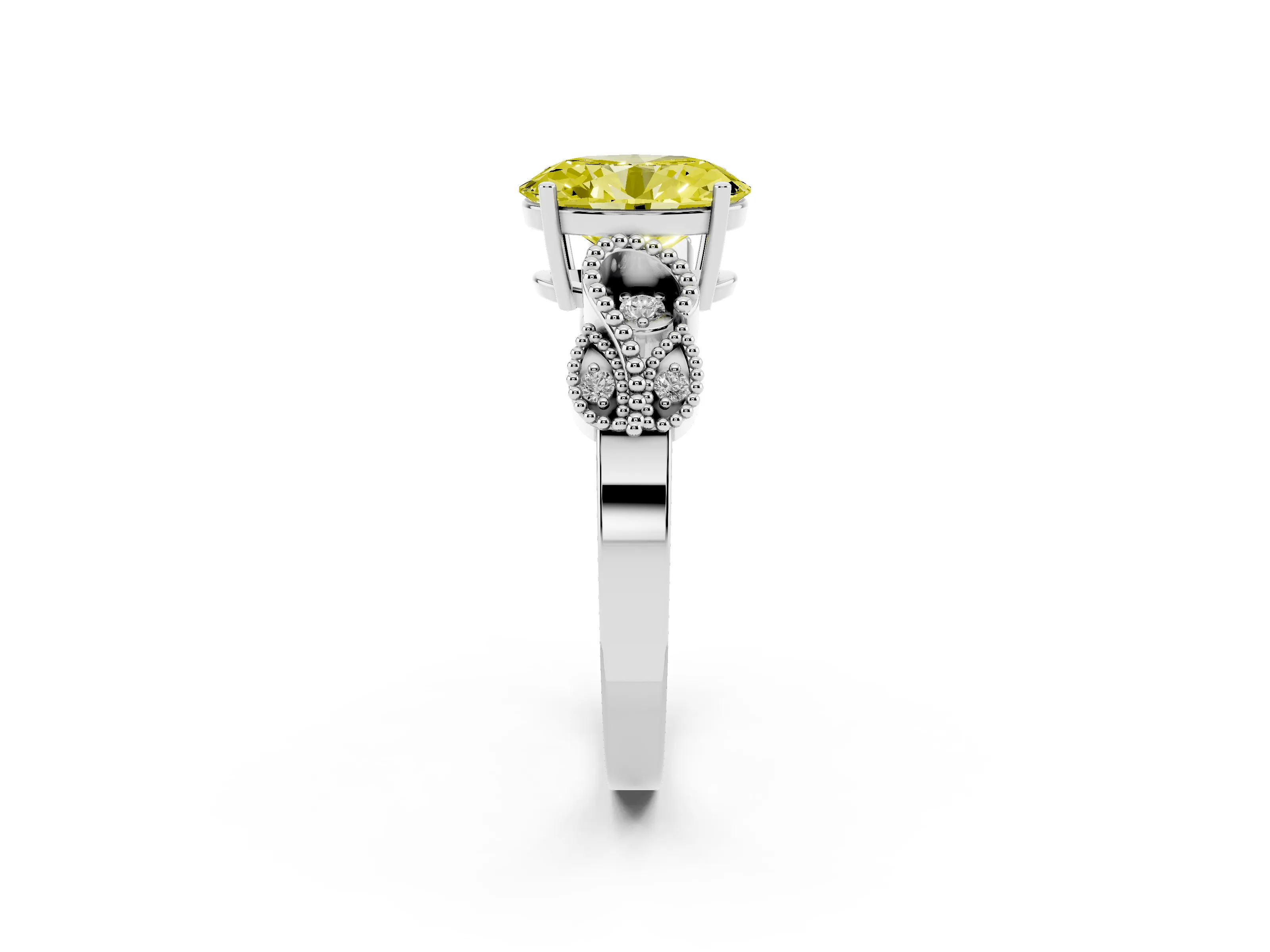 Fancy Yellow Oval Cut Diamond Milgrain Leaf Band Solitaire Ring Set in White gold with Accent Stones and Prong Setting
