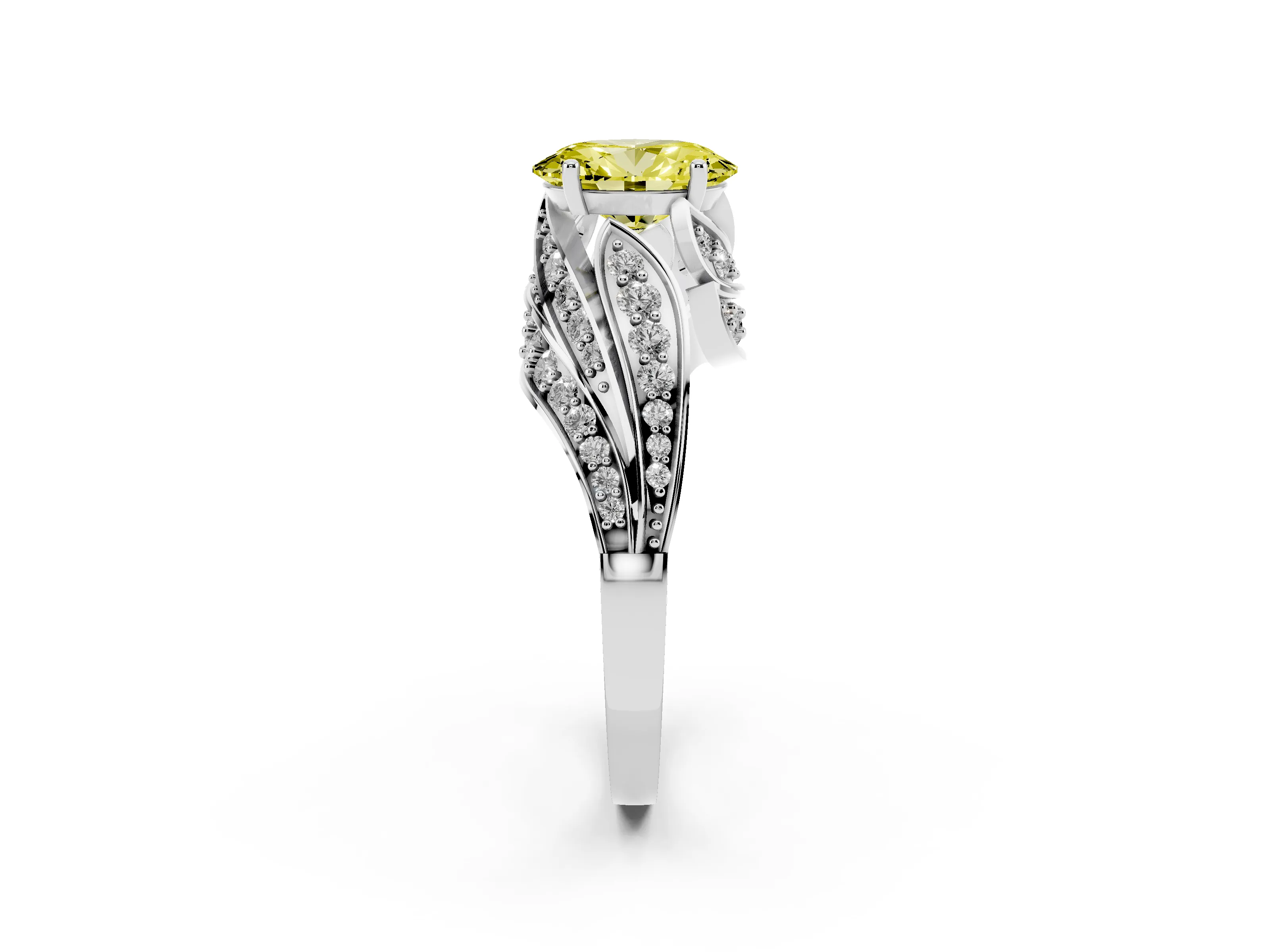 Fancy Yellow Oval Cut Diamond Solitaire Ring Set in Platinum with Layered Twist Pavé Band
