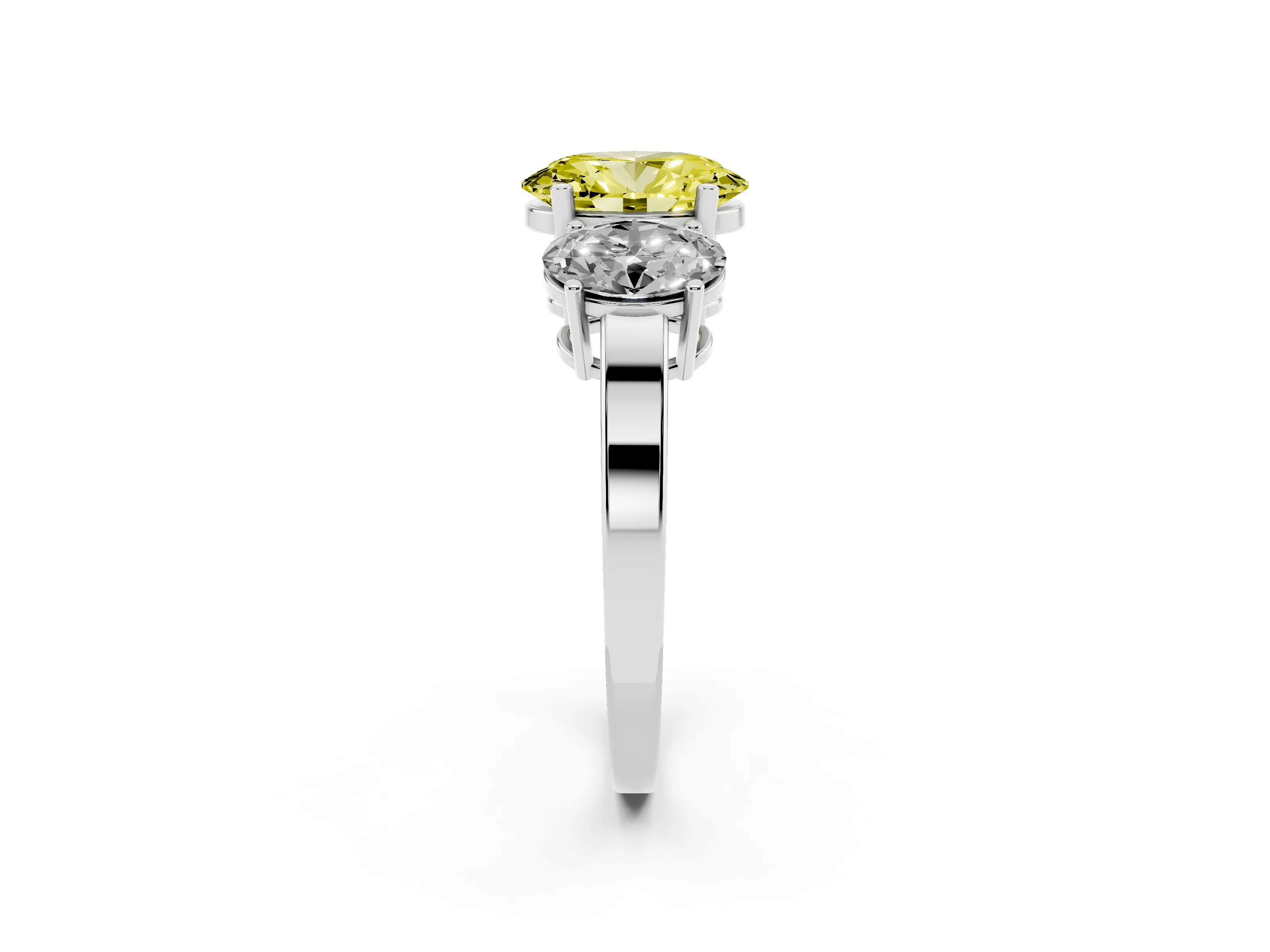 Fancy Yellow Oval Cut Diamond Three-Stone Engagement Ring Set in White gold with Flat Band