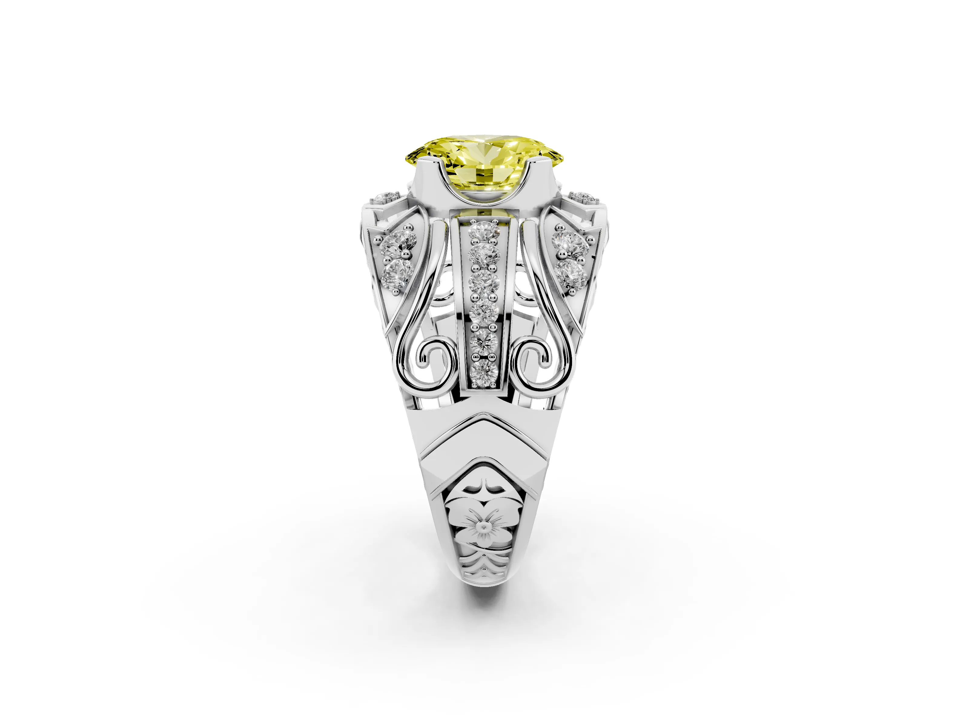 Fancy Yellow Oval Cut Diamond Art Deco Ring Set in Platinum with Pavé Split Shank