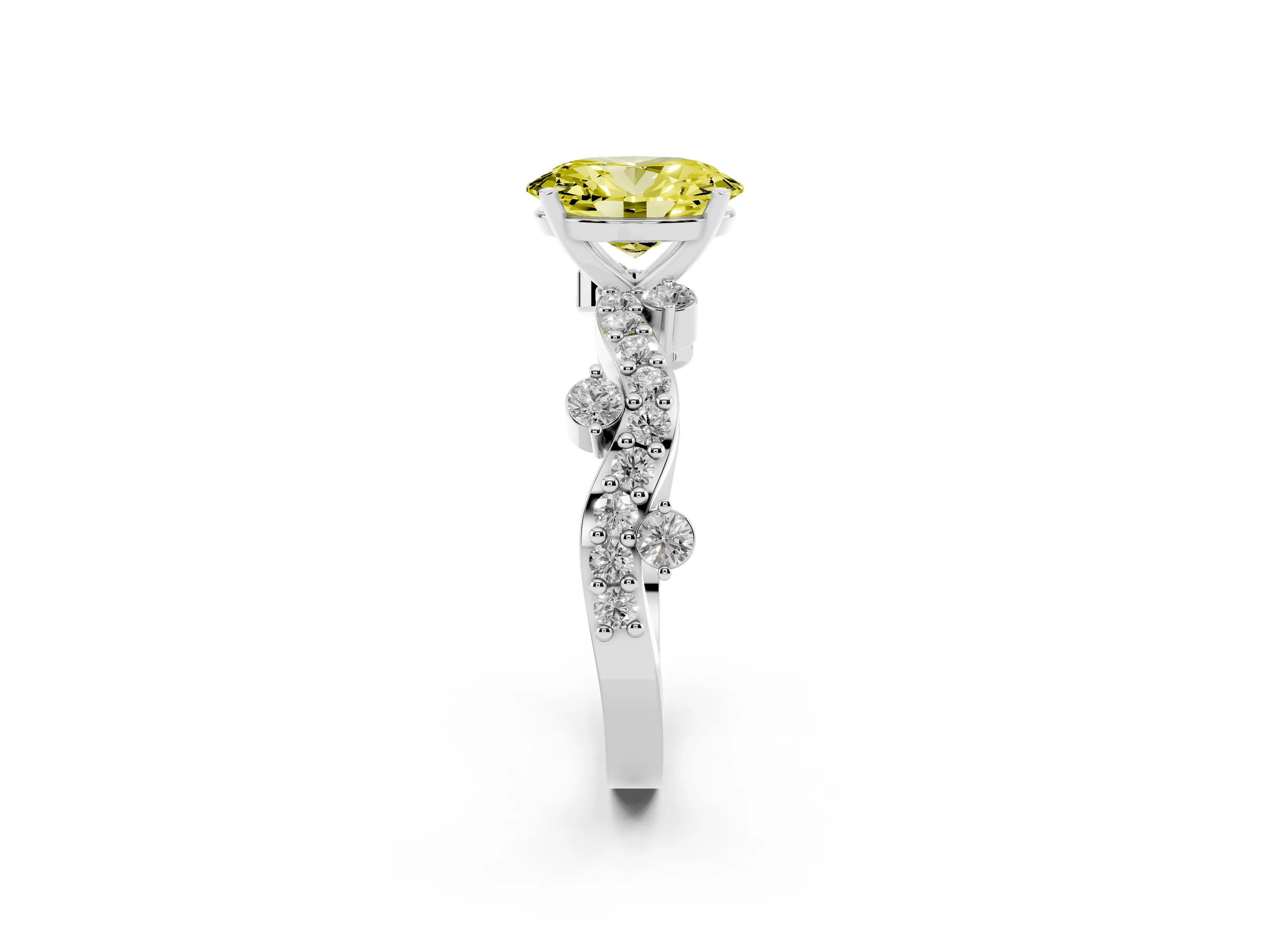 Fancy Yellow Oval Cut Diamond Solitaire Twisted Band Set in White gold with Pavé Setting