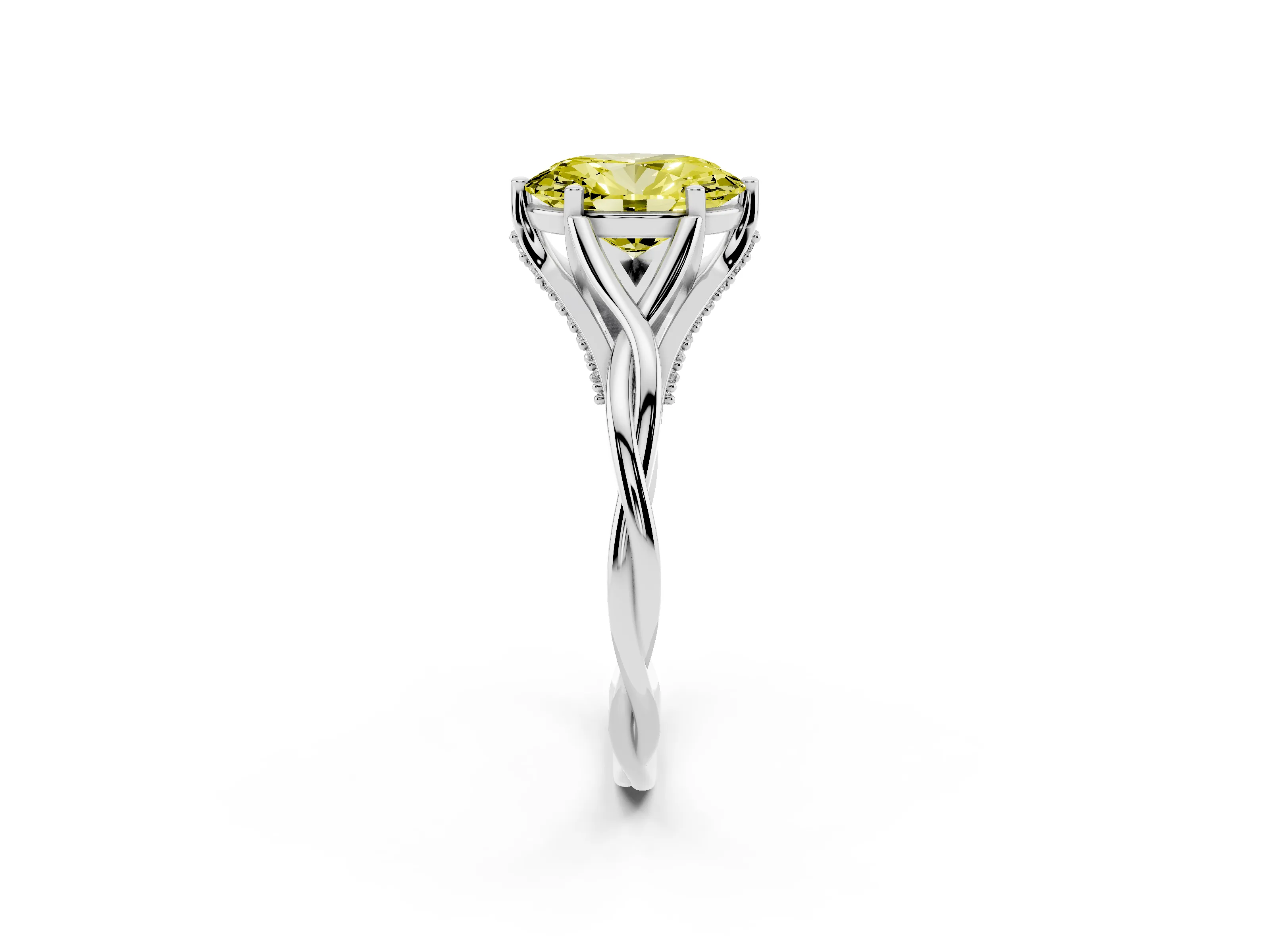 Fancy Yellow Oval Cut Diamond Intertwined Twist Band Solitaire Ring Set in White gold with Prong Setting