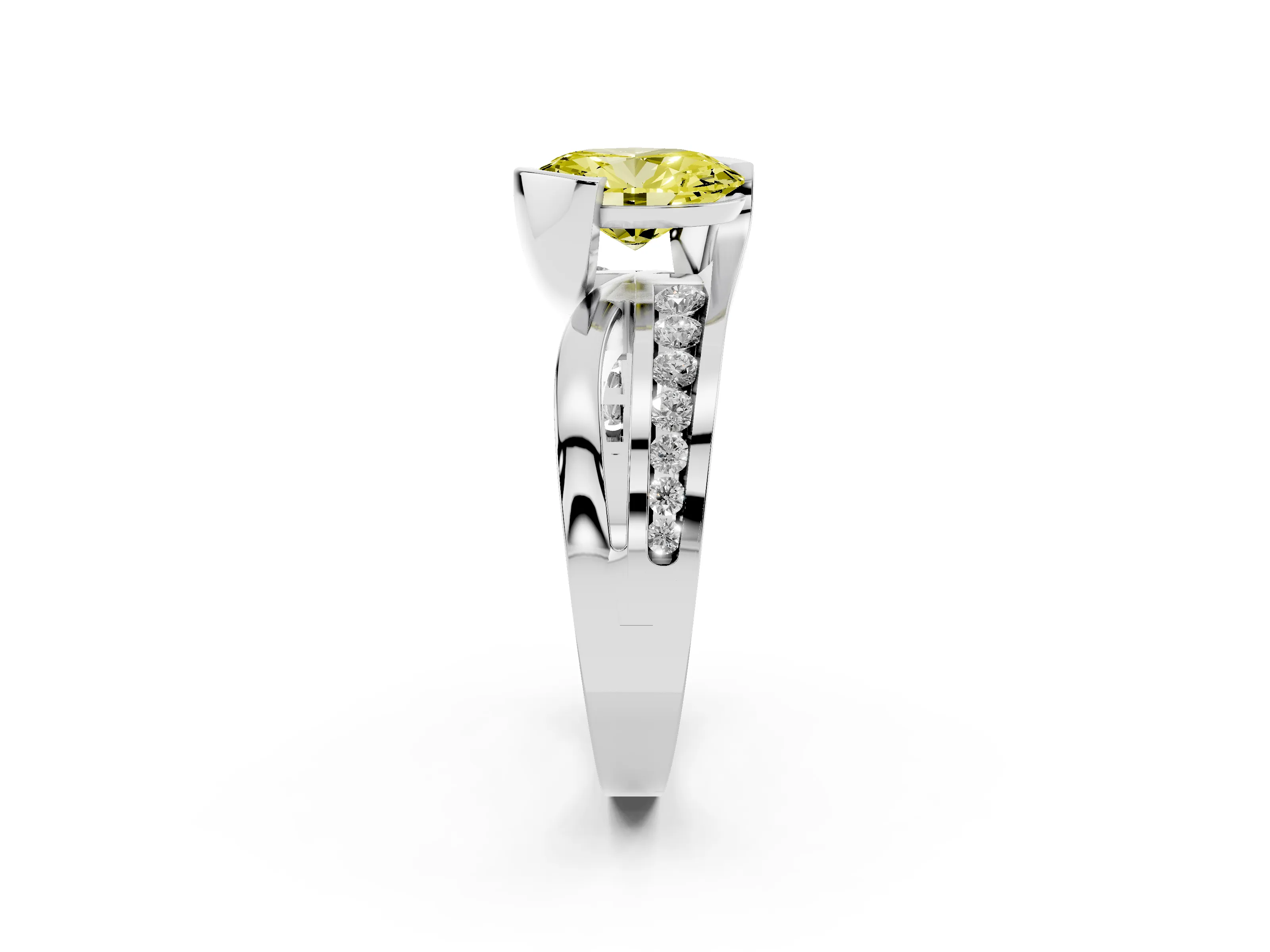 Fancy Yellow Oval Cut Diamond Solitaire Ring Set in Platinum with Channel Set Split Shank and Tension Prongs