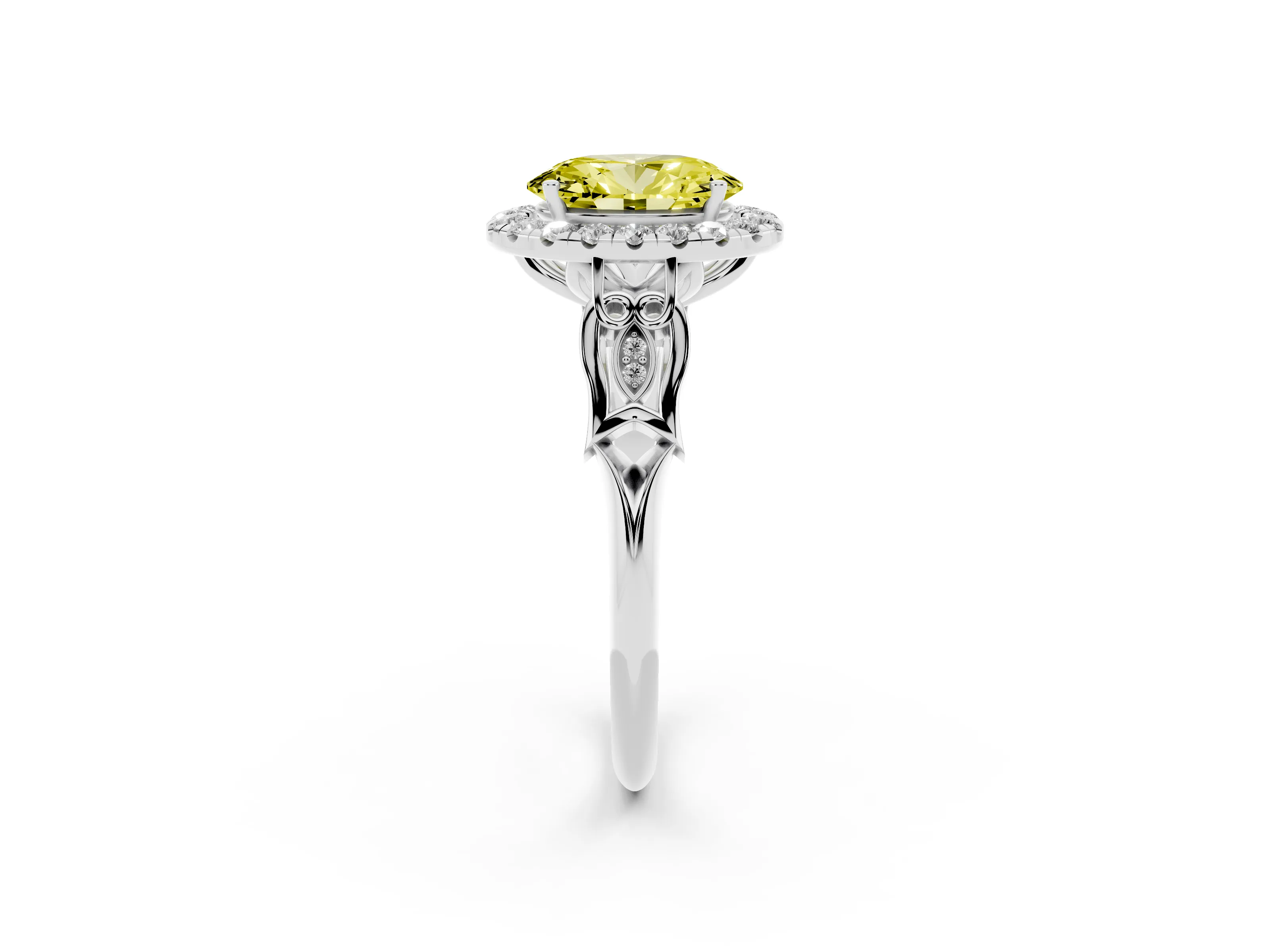 Fancy Yellow Oval Cut Diamond Halo Engagement Ring Set in Platinum with Filigree Band and Prong-Set Center