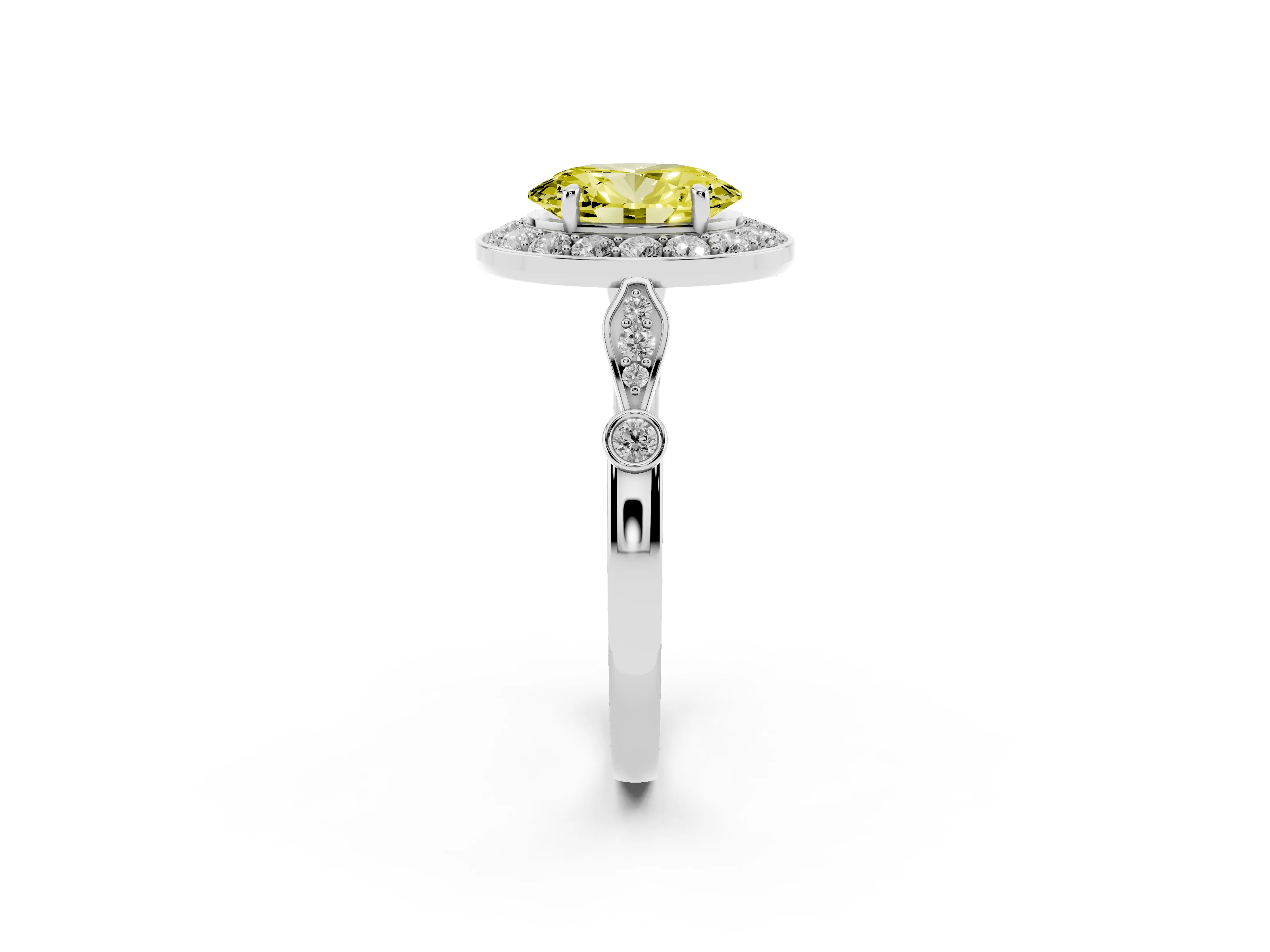 Fancy Yellow Oval Cut Diamond Halo Engagement Ring Set in Silver with Twisted Band and Prong Setting
