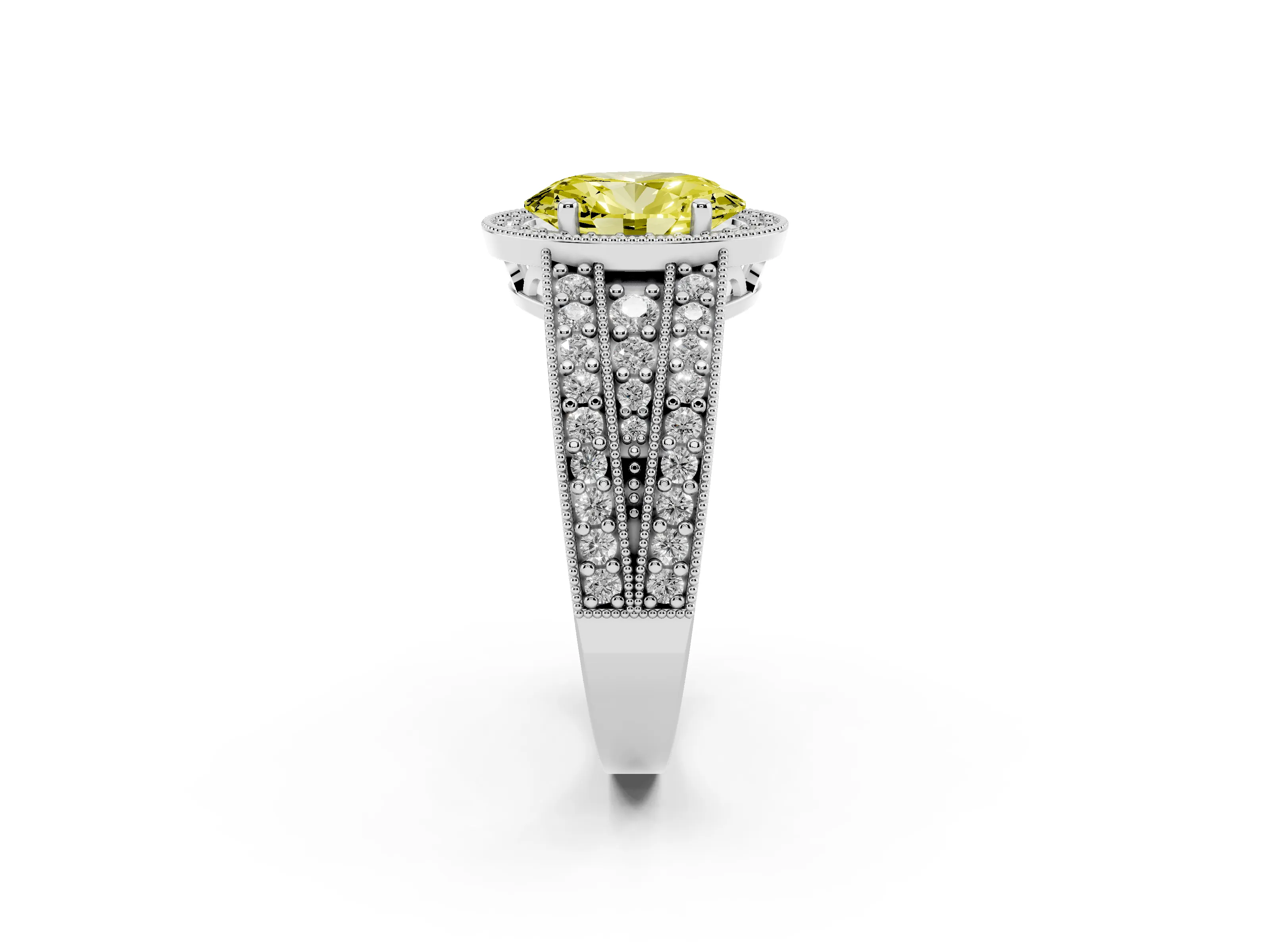 Fancy Yellow Oval Cut Diamond Halo Ring Set in Platinum with Accent Split Shank and Prong Setting