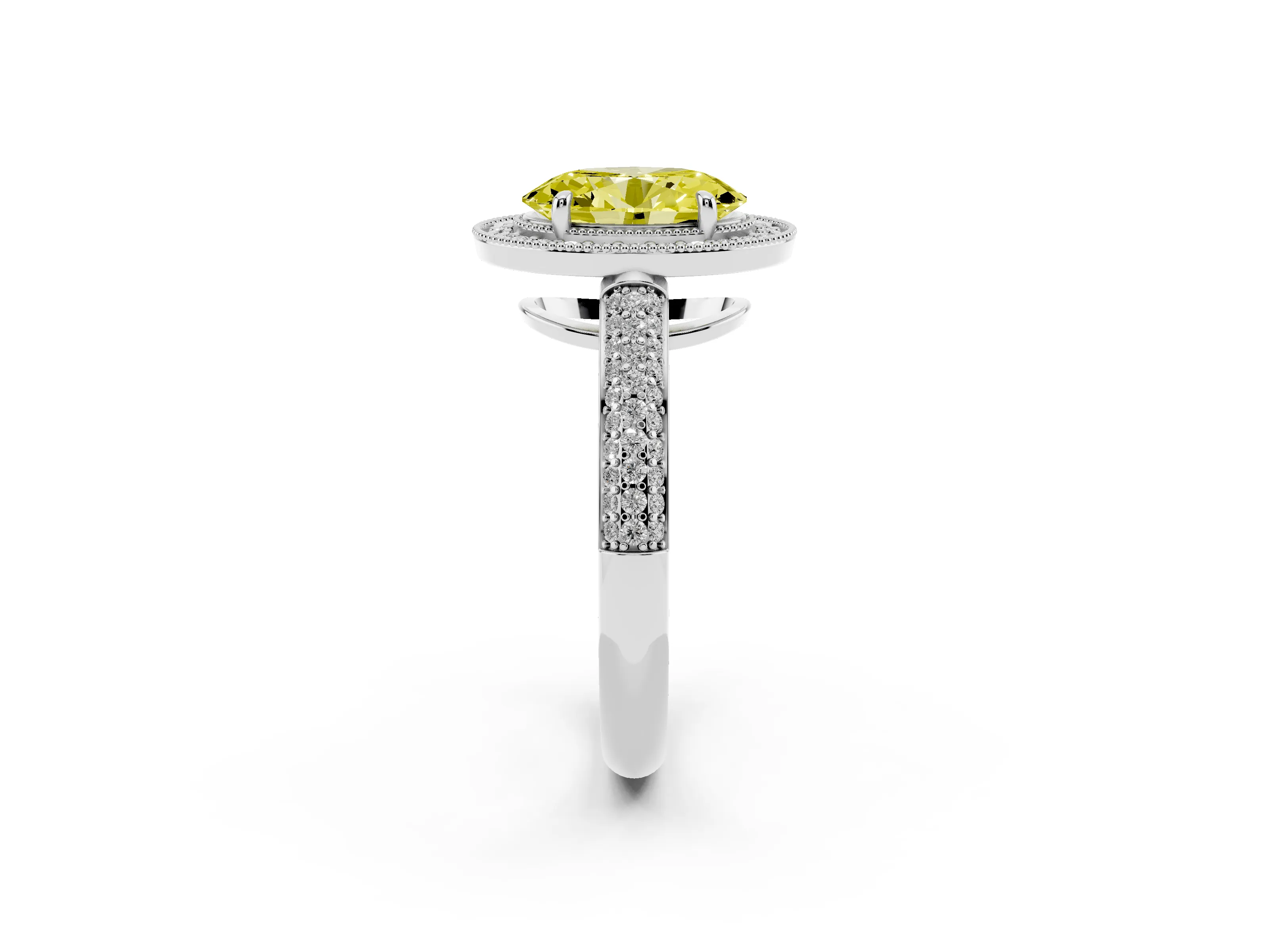 Fancy Yellow Oval Cut Diamond Halo Pavé Band Set in Silver with Prong Setting