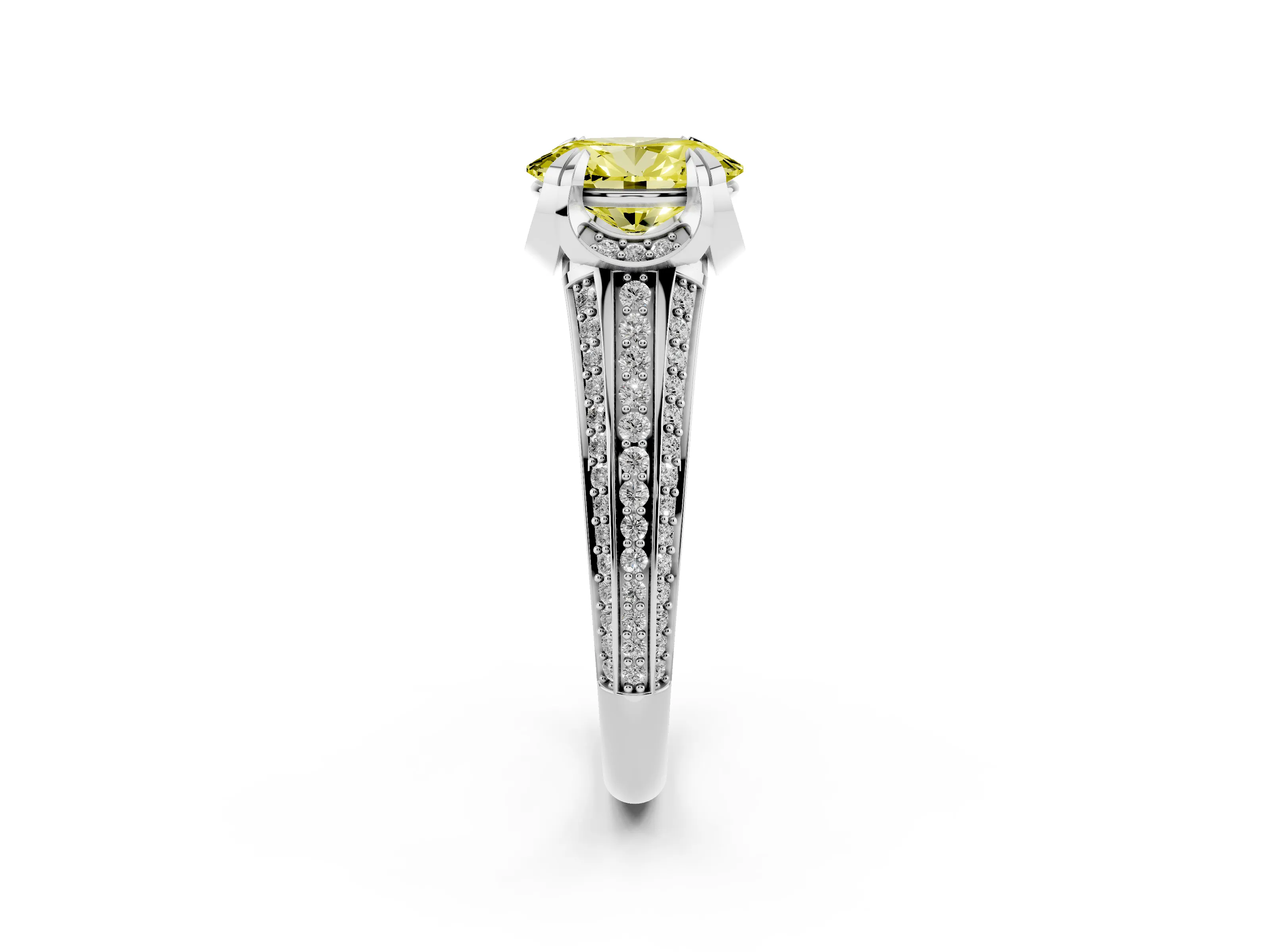 Fancy Yellow Oval Cut Diamond Pavé Split Shank Solitaire Ring Set in Silver with Prong Setting