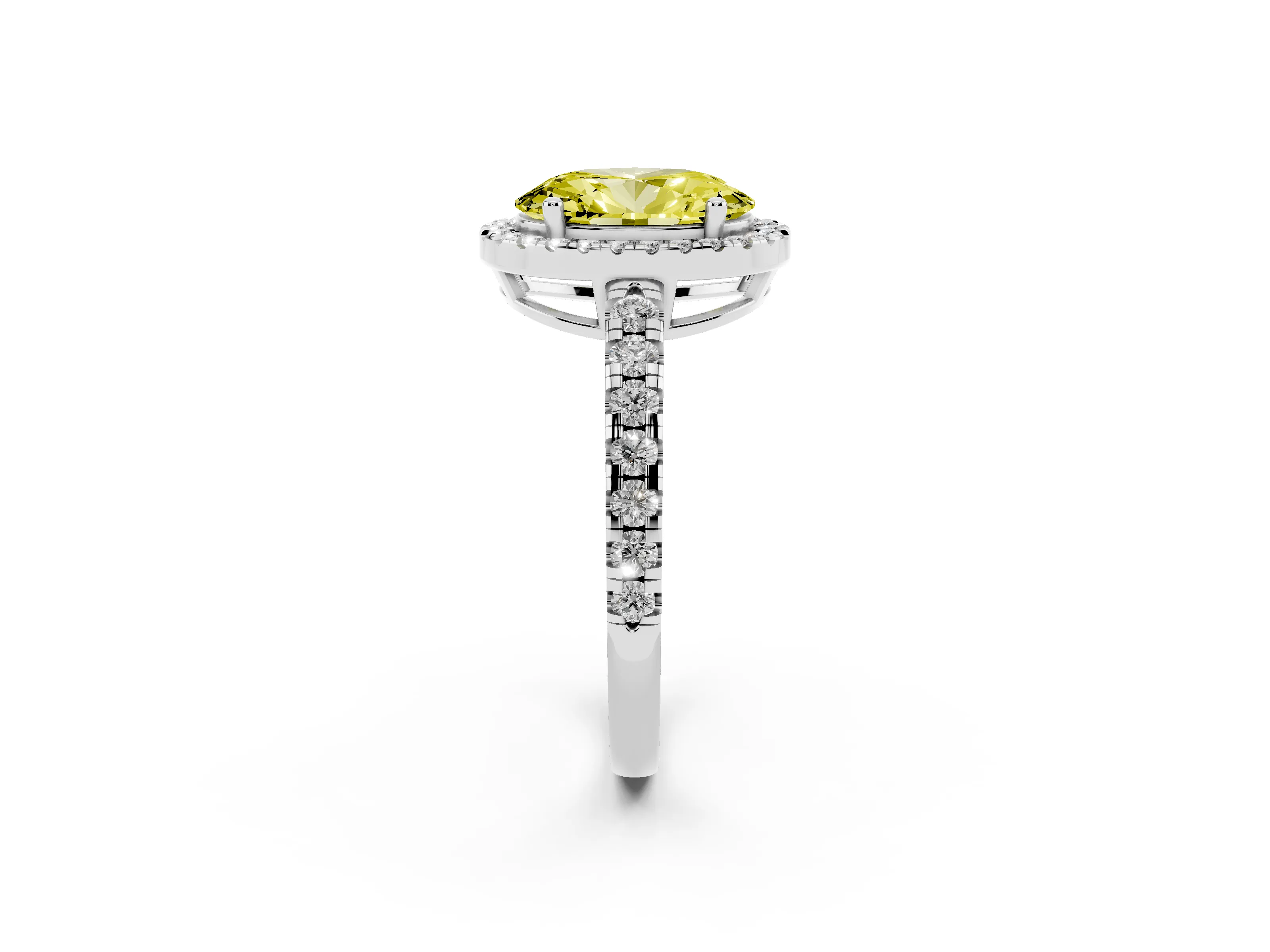 Fancy Yellow Oval Cut Diamond Halo Ring Set in Platinum with Delicate Pavé Band and Prong Setting