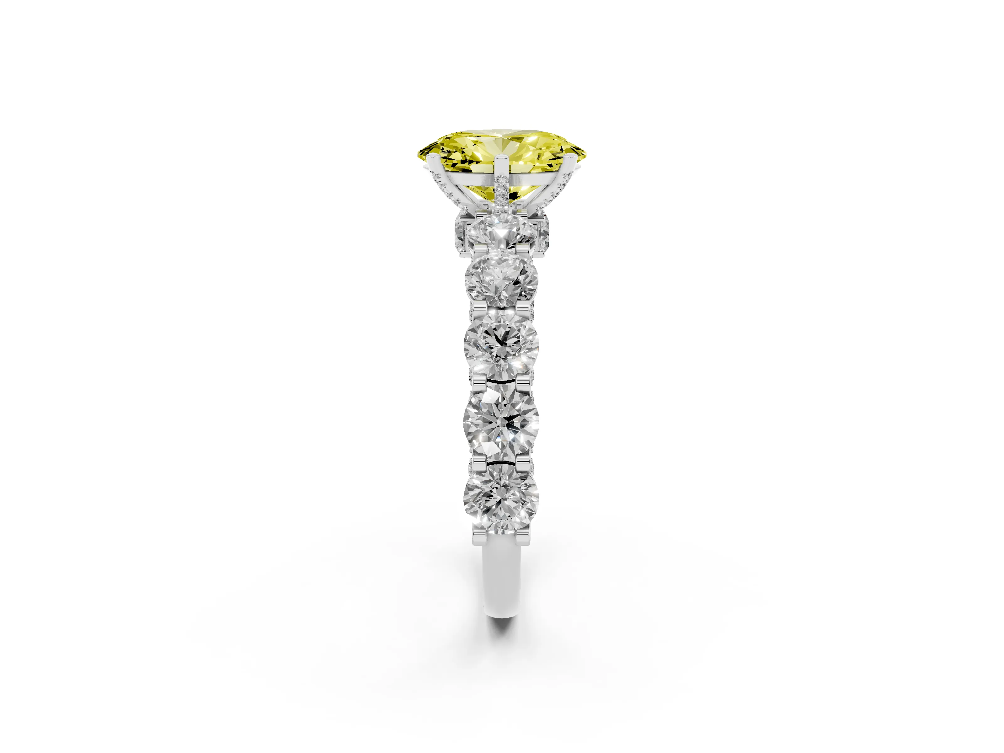 Fancy Yellow Oval Cut Diamond Side Stone Ring Set in Platinum with Alternating Round and Oval Side Stones