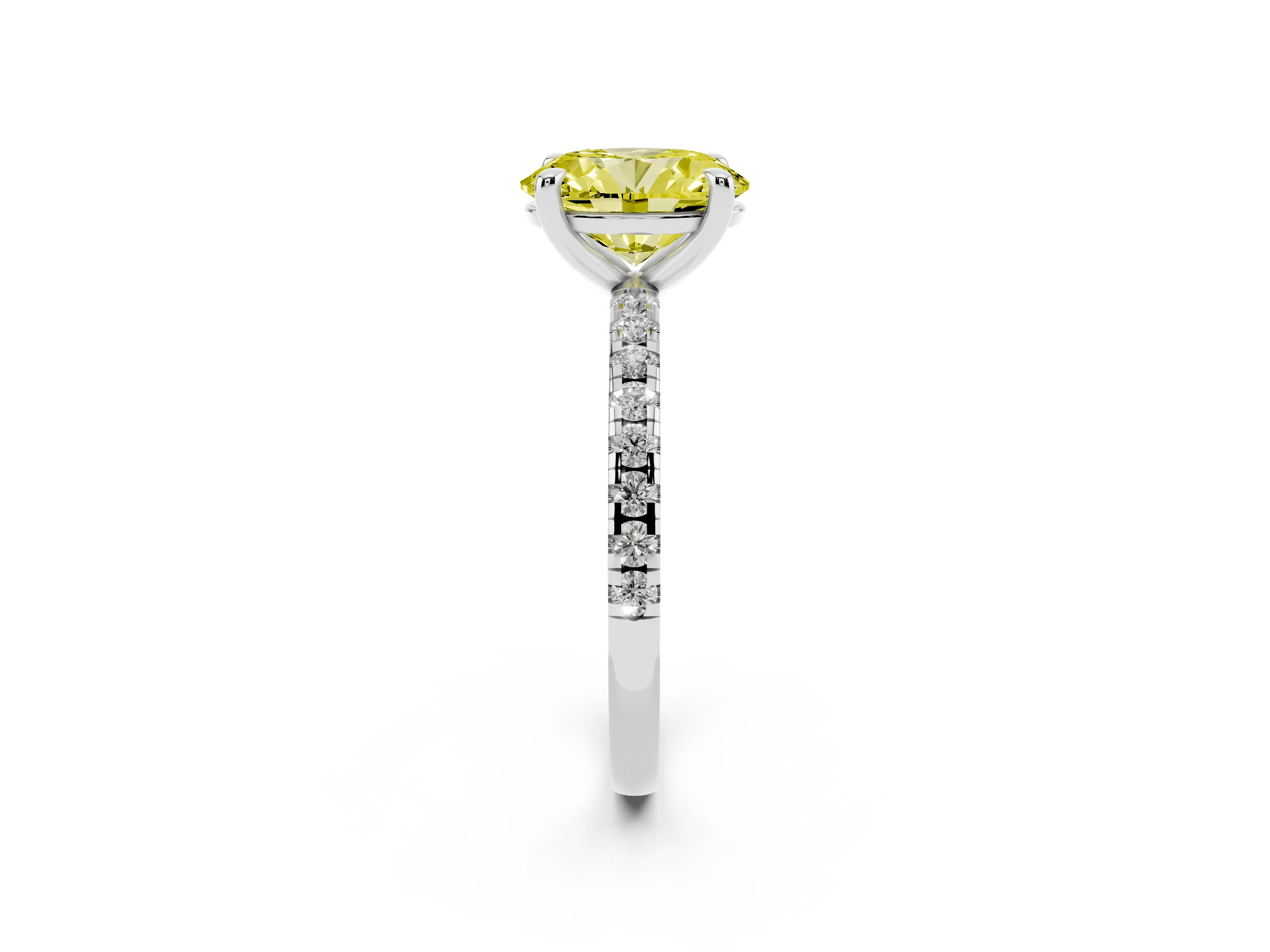 Fancy Yellow Oval Cut Diamond Brilliant Solitaire Ring Set in White gold with Pavé Band and Prong Setting