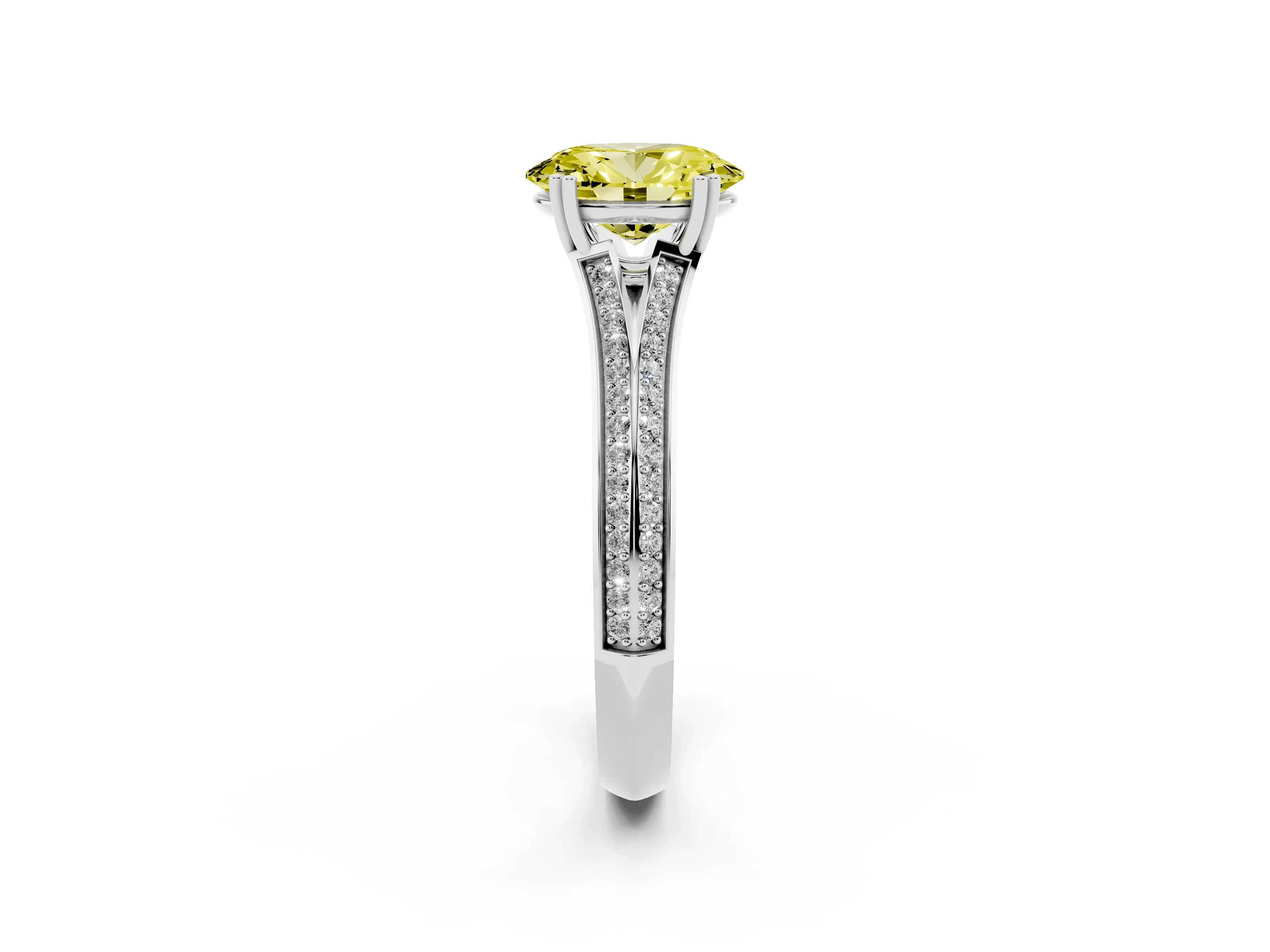 Fancy Yellow Oval Cut Diamond Split Shank Pavé Engagement Ring Set in Silver with Prong-Set Center Stone