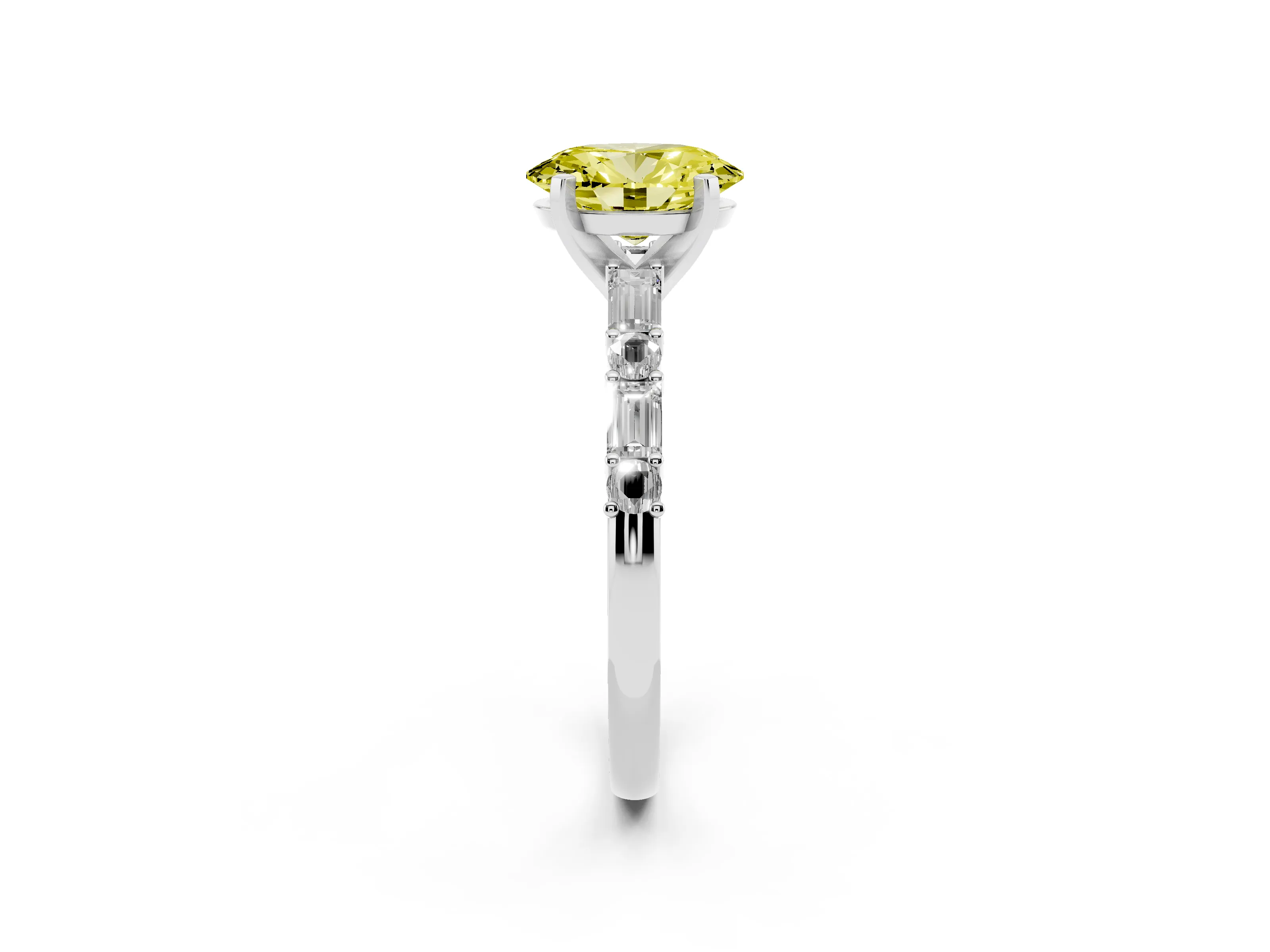 Fancy Yellow Oval Cut Diamond Solitaire Set in White gold with Side Baguettes and Channel Set Band