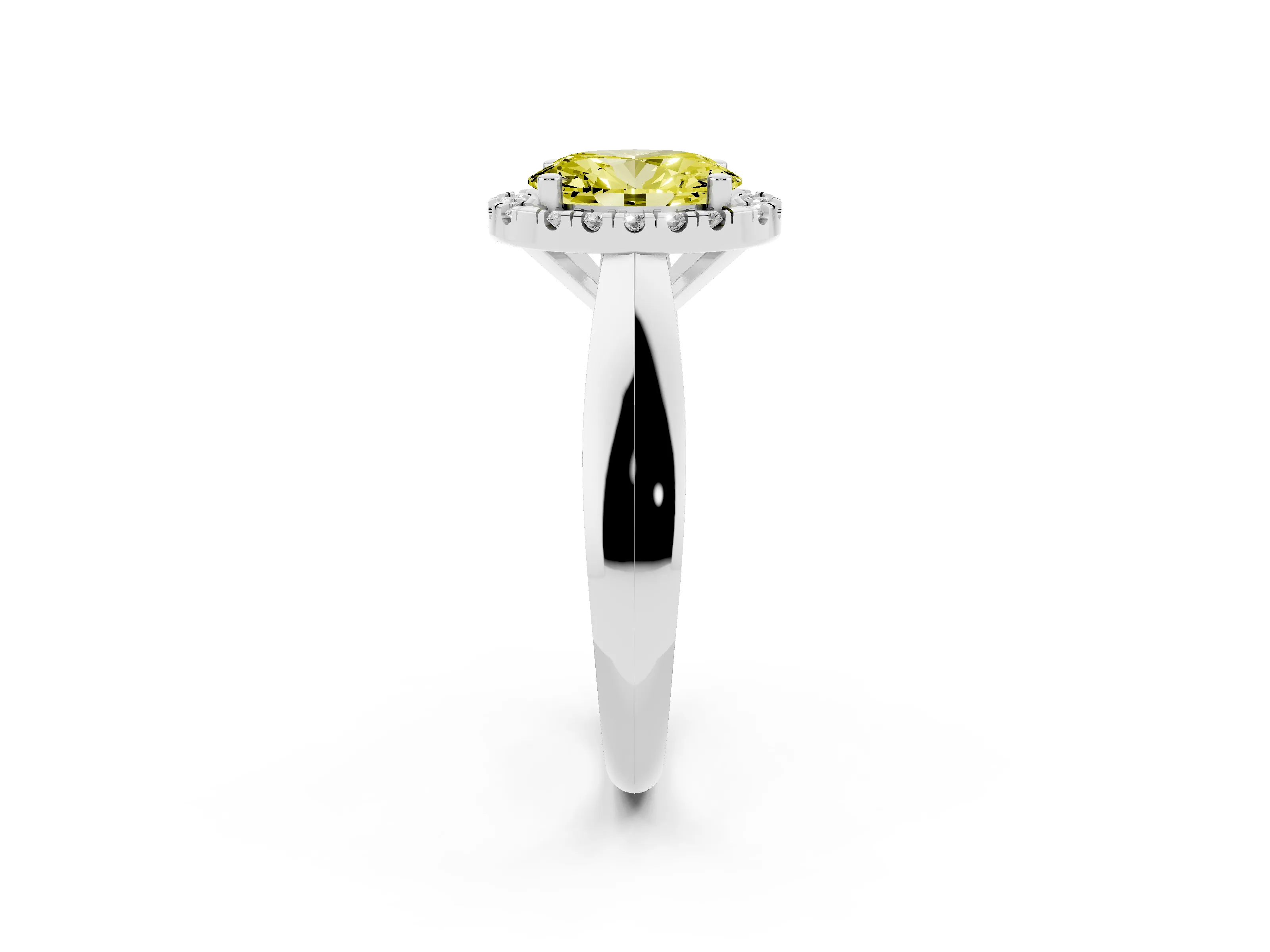 Fancy Yellow Oval Cut Diamond Halo Solitaire Engagement Ring Set in Silver with Square Band and Prong Setting