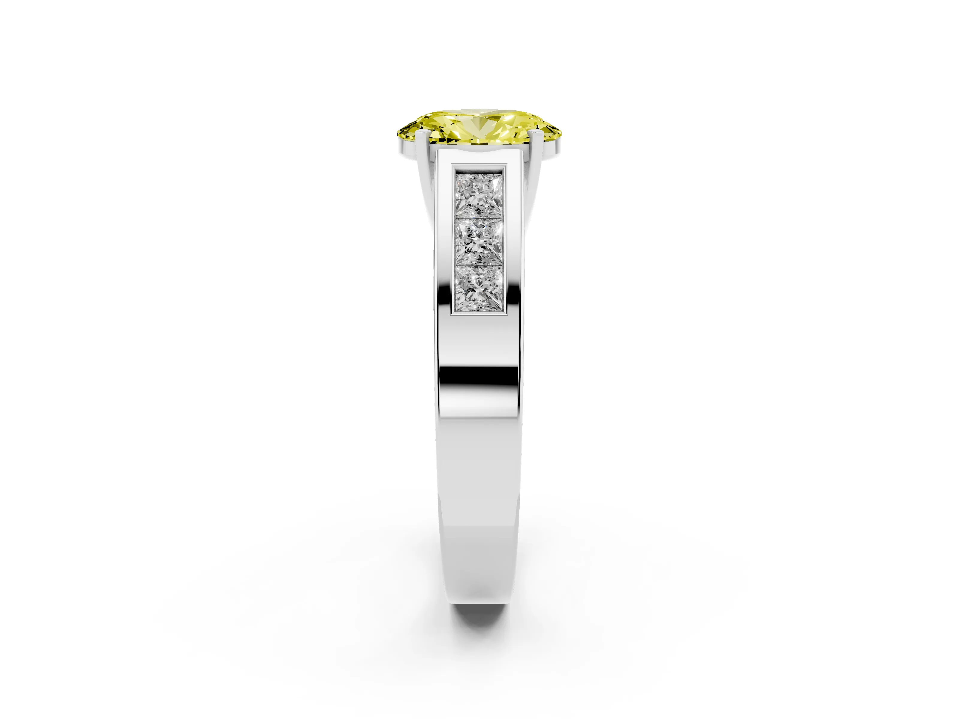 Fancy Yellow Oval Cut Diamond Solitaire Ring Set in Silver with Channel-Set Accent Stones and Prong Setting
