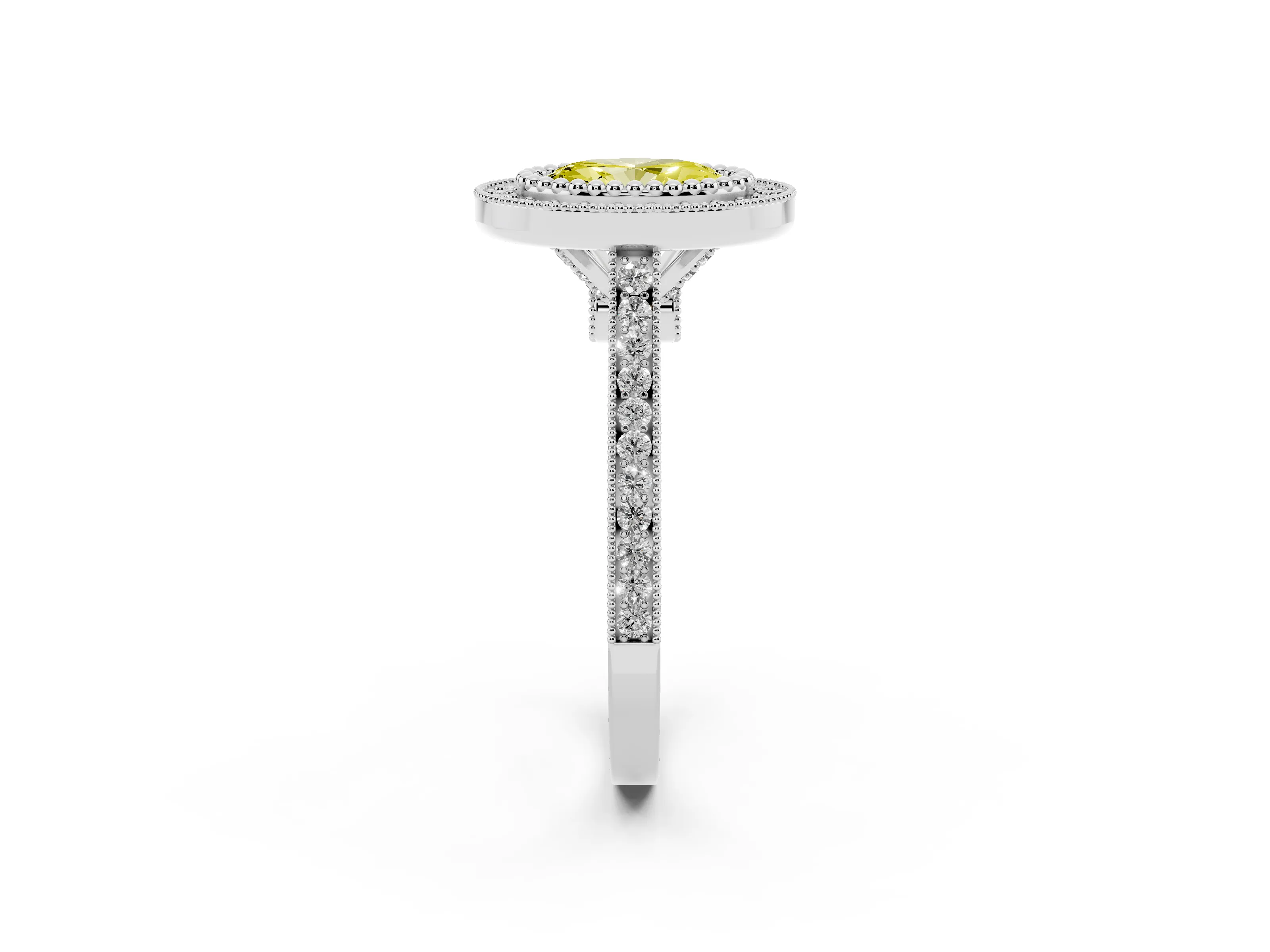 Fancy Yellow Oval Cut Diamond Halo Ring Set in Silver with Milgrain Frame and Pavé Band