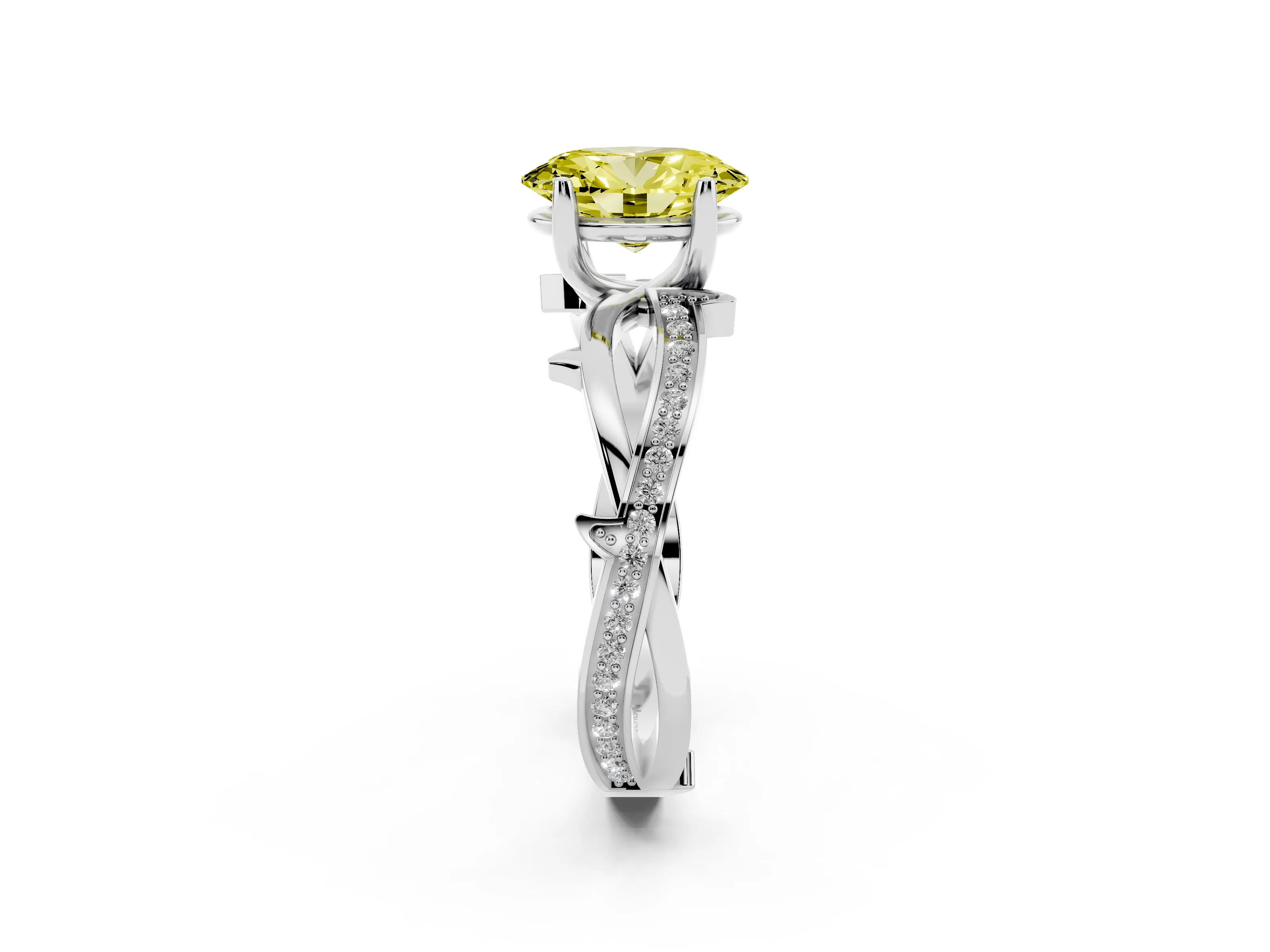 Fancy Yellow Oval Cut Diamond Pavé Twist Band Solitaire Ring Set in Platinum with Prong Setting