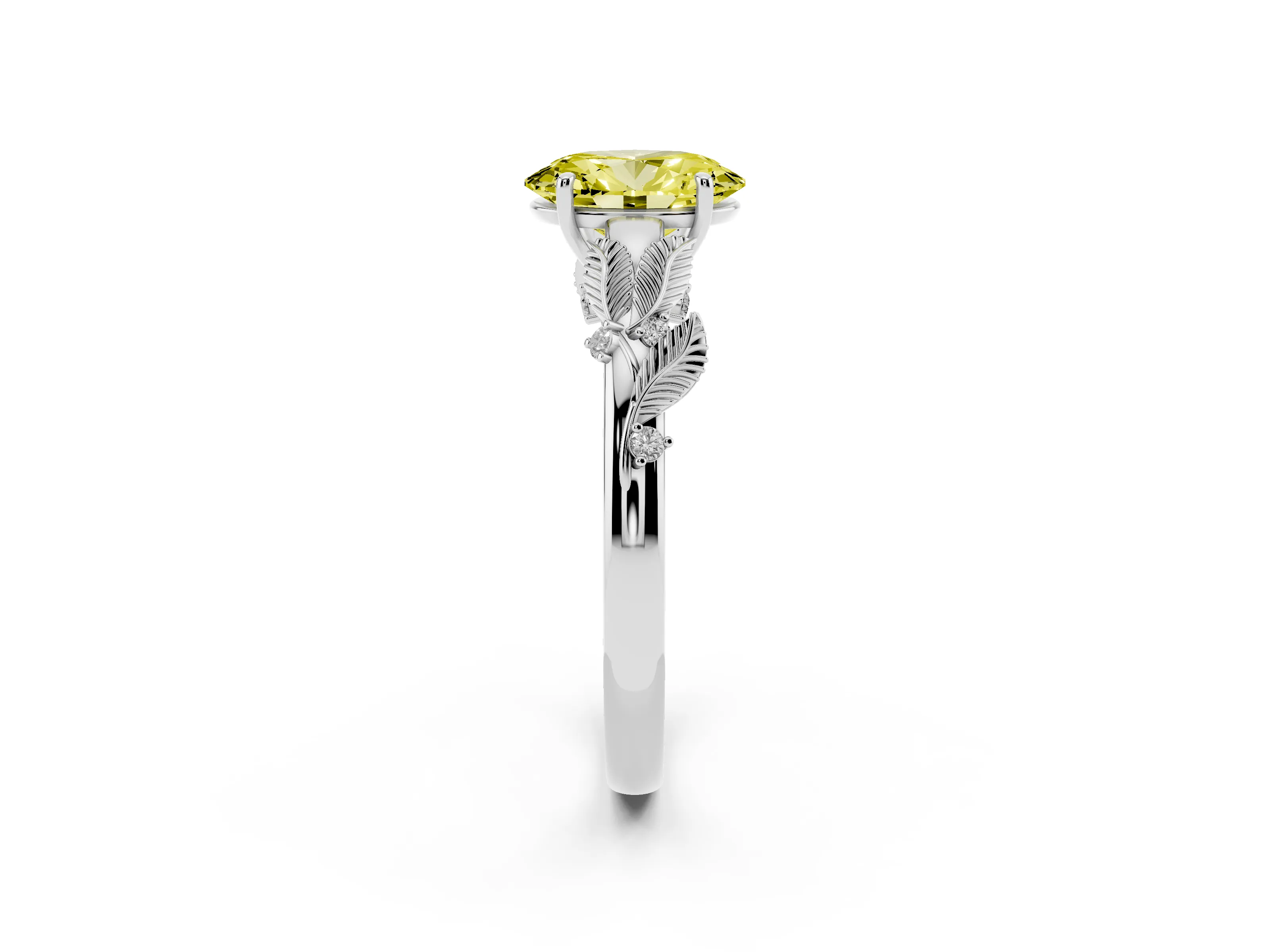 Fancy Yellow Oval Cut Diamond Solitaire Ring Set in Silver with Leaf Motif Band