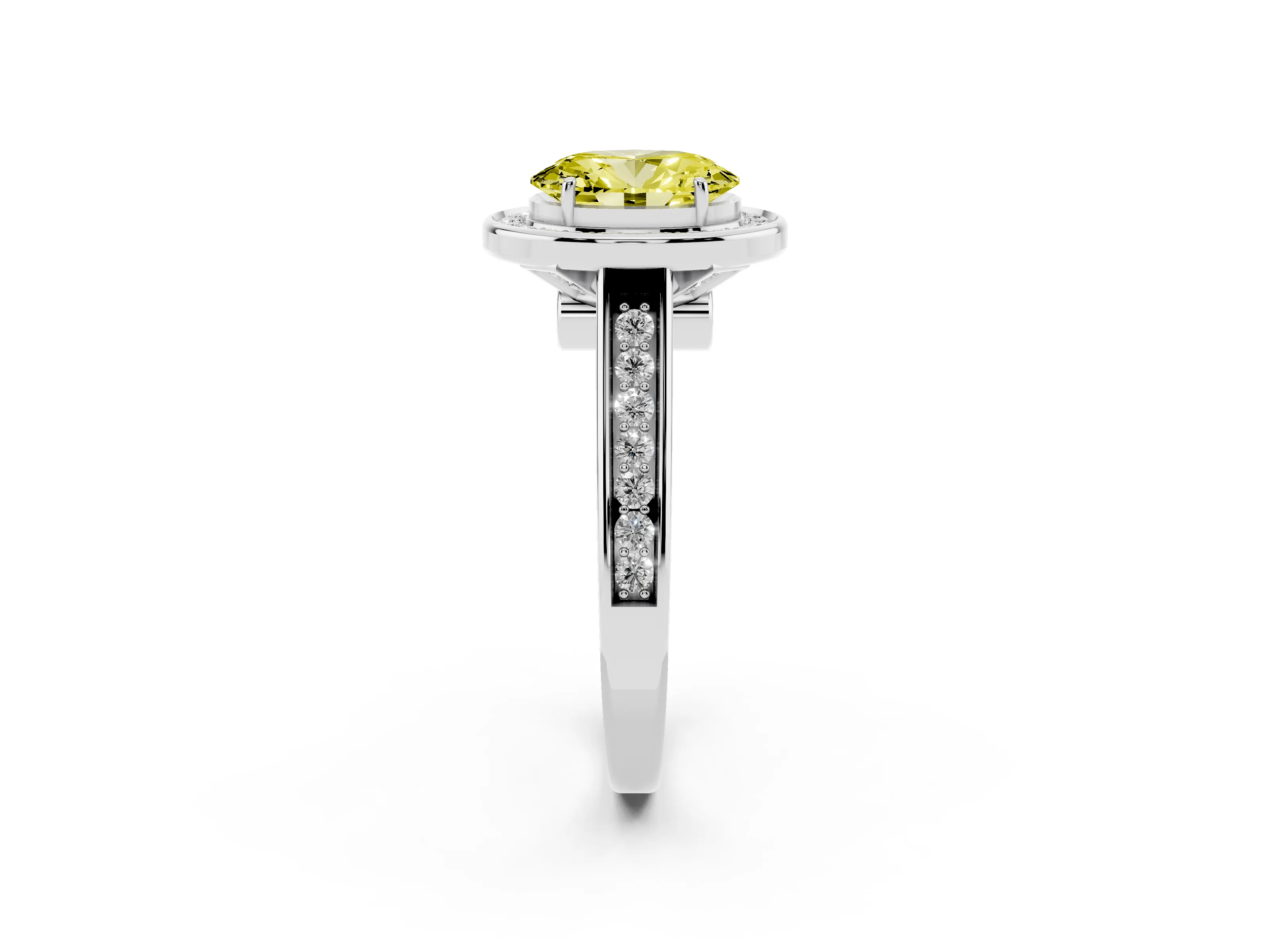 Fancy Yellow Oval Cut Diamond Halo Solitaire Ring Set in Platinum with Pavé Band and Bezel Setting