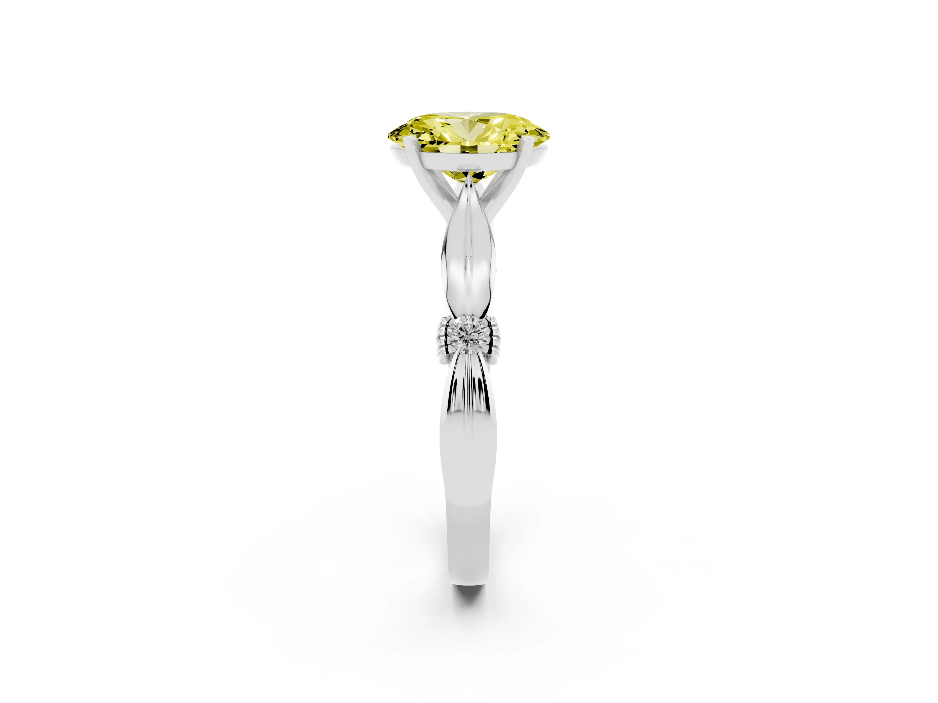 Fancy Yellow Oval Cut Diamond Solitaire Twisted Band Ring Set in White gold with Accent Stones and Prong Setting